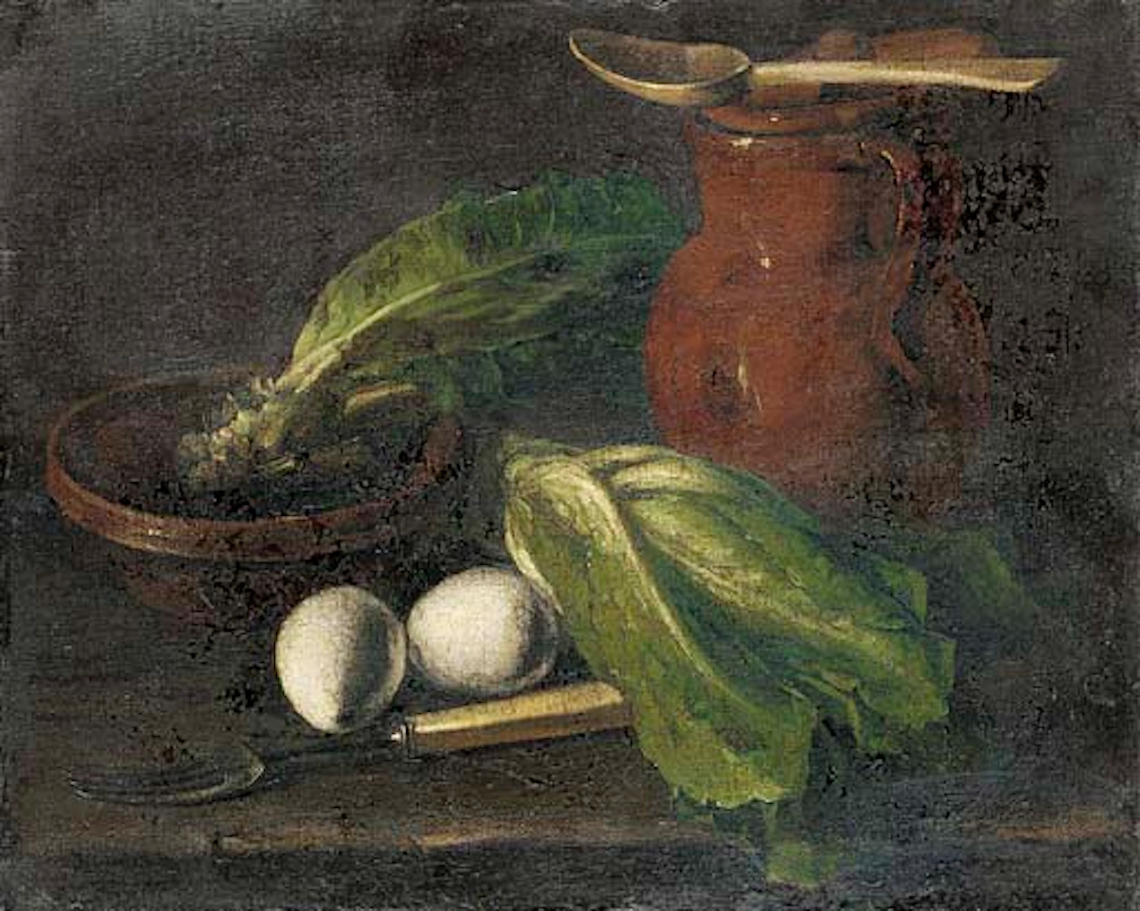 Eggs, lettuce, a jug, a bowl of lettuce and a fork on a table