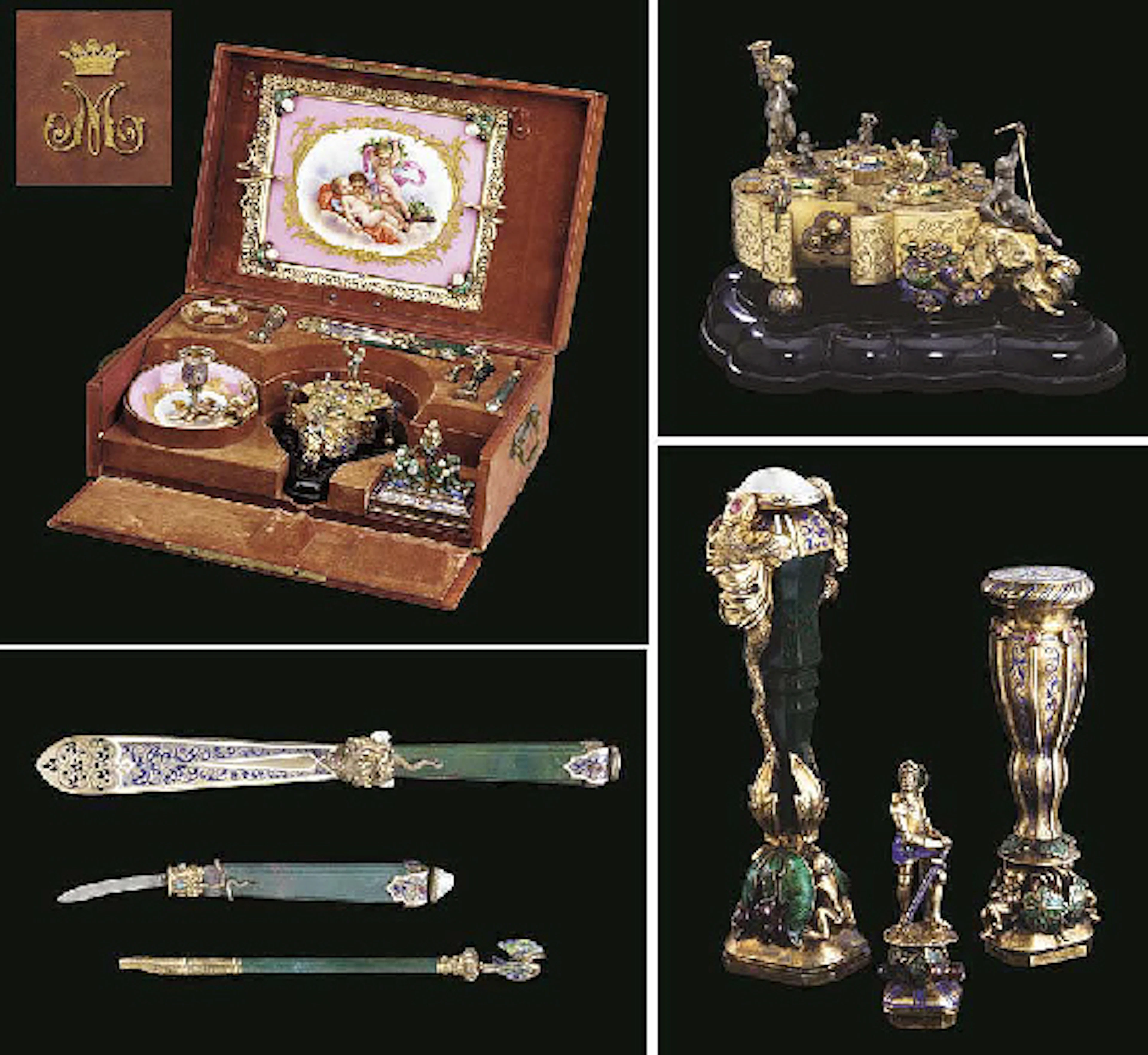 An important Napoleon III semi-precious stone-mounted enamelled silver, silver-gilt, bloodstone and Sevres-style porcelain cased 'necessaire de bureau'