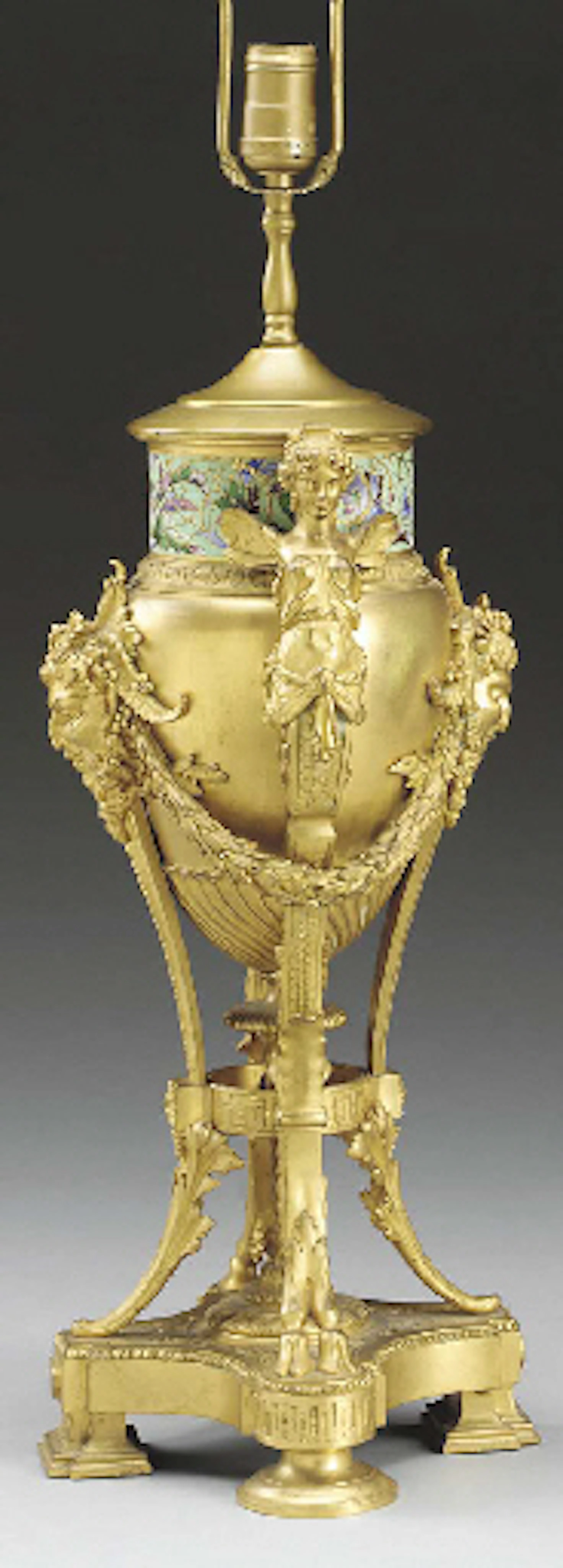 A Louis XVI style champleve enamel-mounted ormolu urn, mounted as a lamp