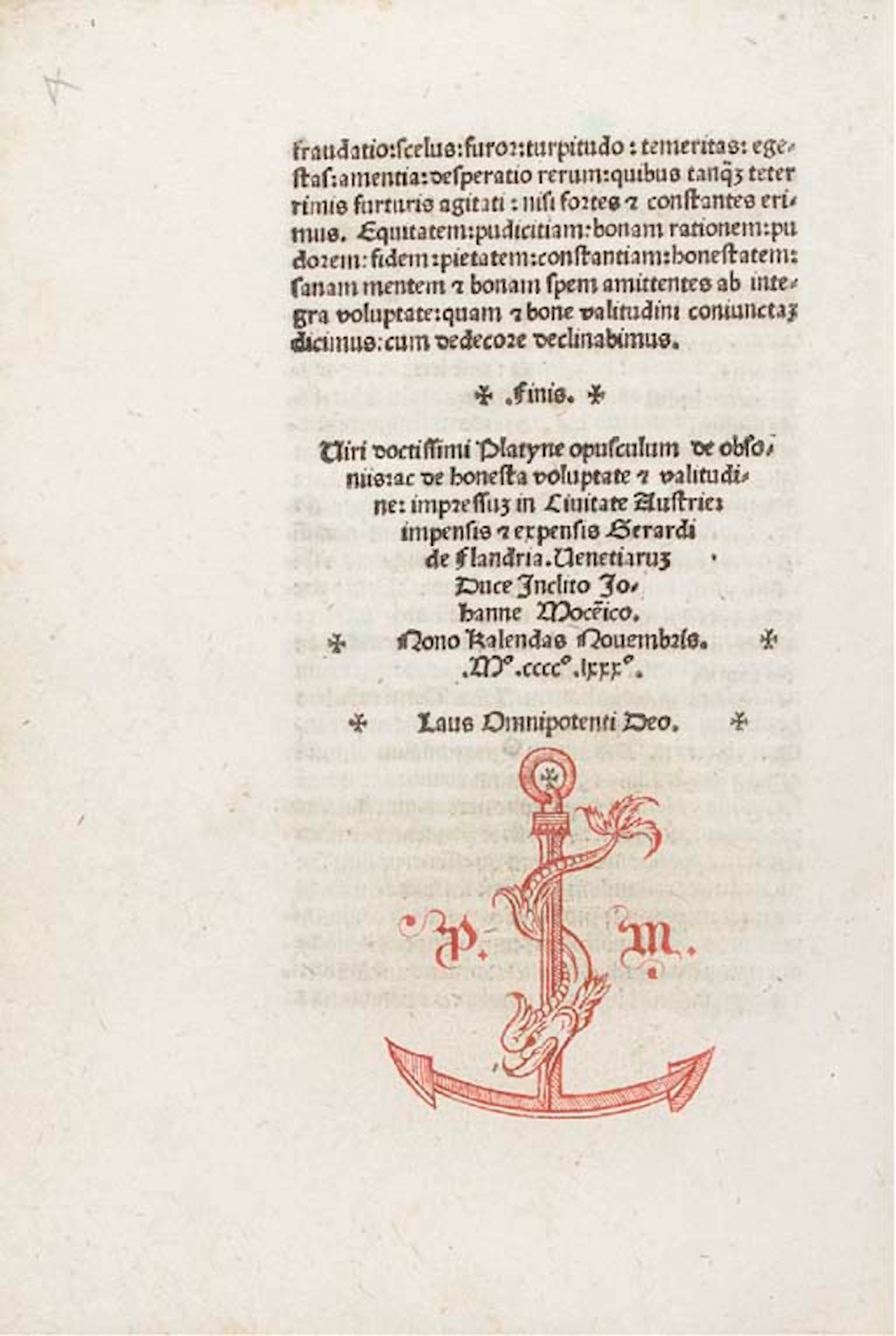 PLATINA, Bartholomaeus (1421-1481). De honesta voluptate et valetudine. Cividale: Gerardus de Lisa de Flandria, 24 October 1480.