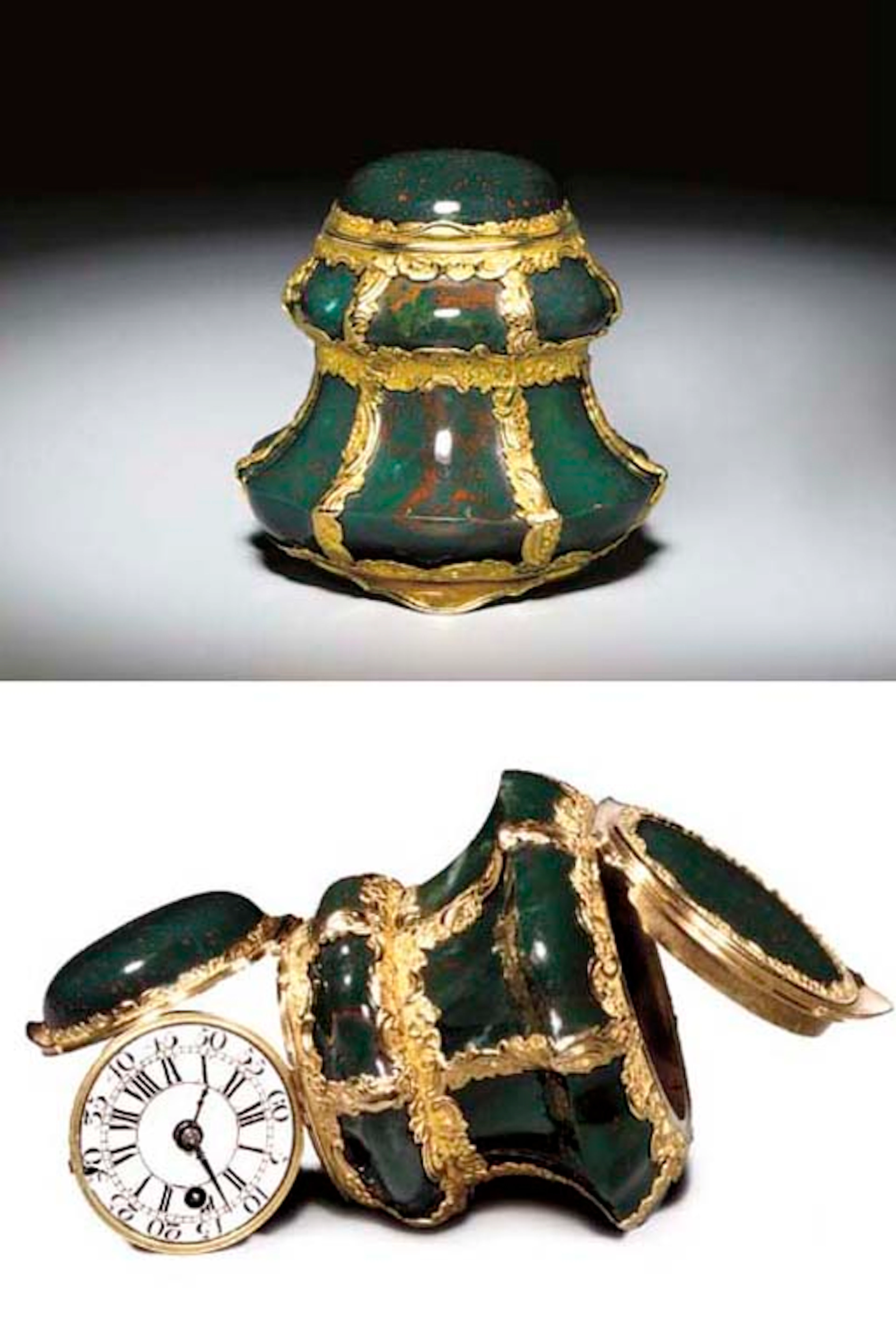 A RARE GEORGE II GOLD-MOUNTED HARDSTONE SNUFF-BOX WITH WATCH