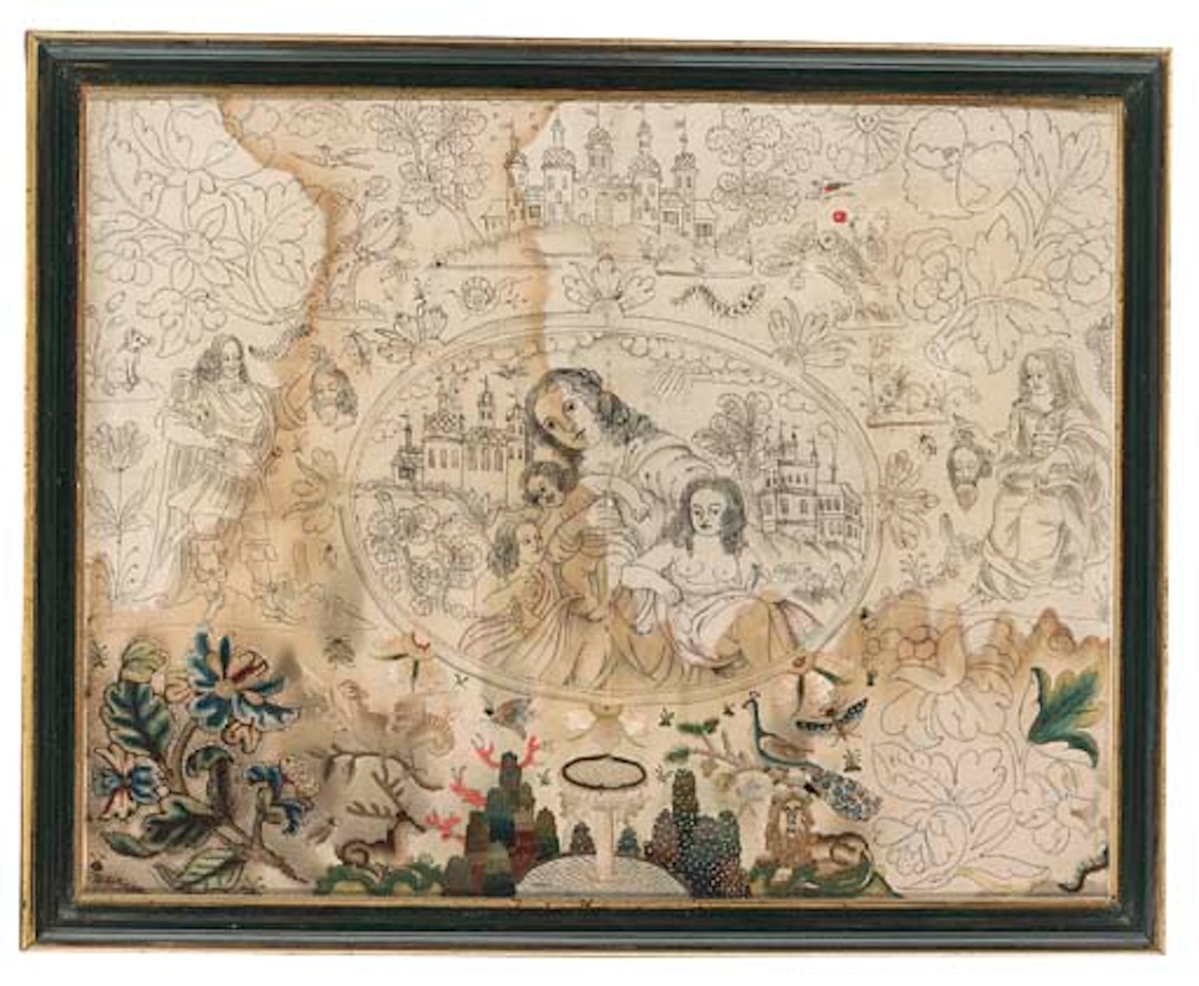 A large unfinished needlework picture