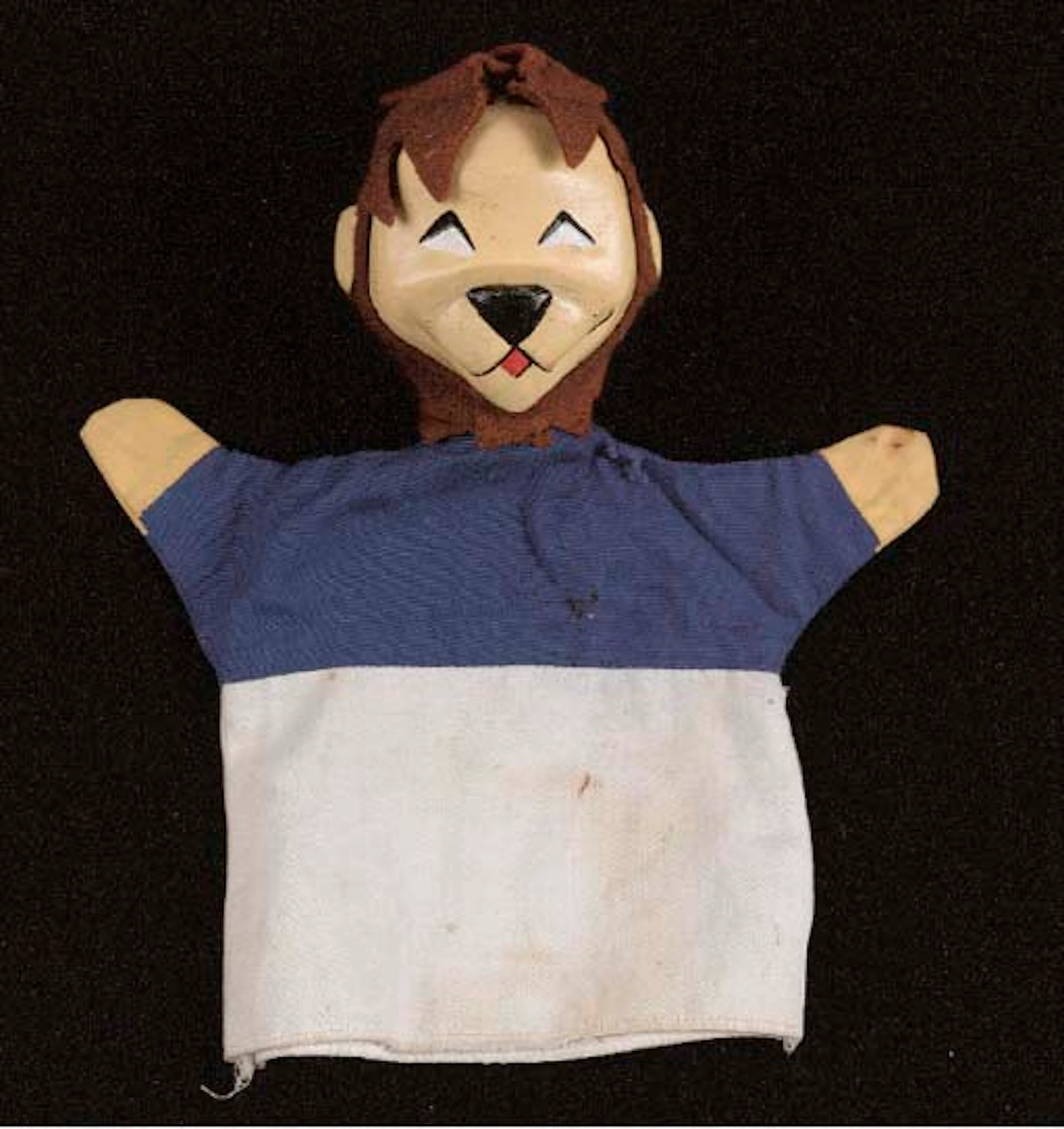 A composition headed World Cup Willie mascot modelled as a hand puppet, the reverse with Union Jack label