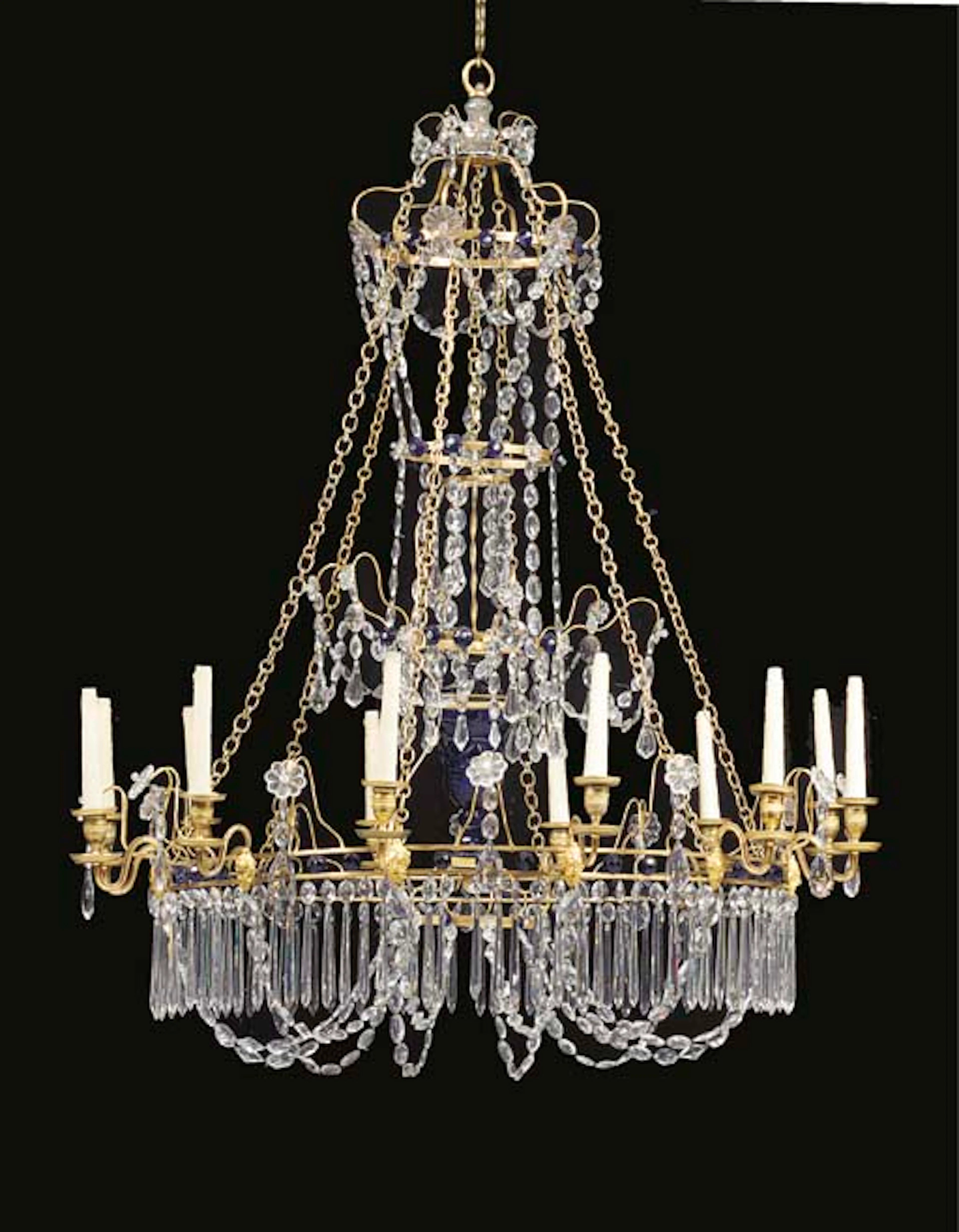 A RUSSIAN ORMOLU, COBALT-BLUE AND CLEAR-GLASS TWELVE-LIGHT CHANDELIER