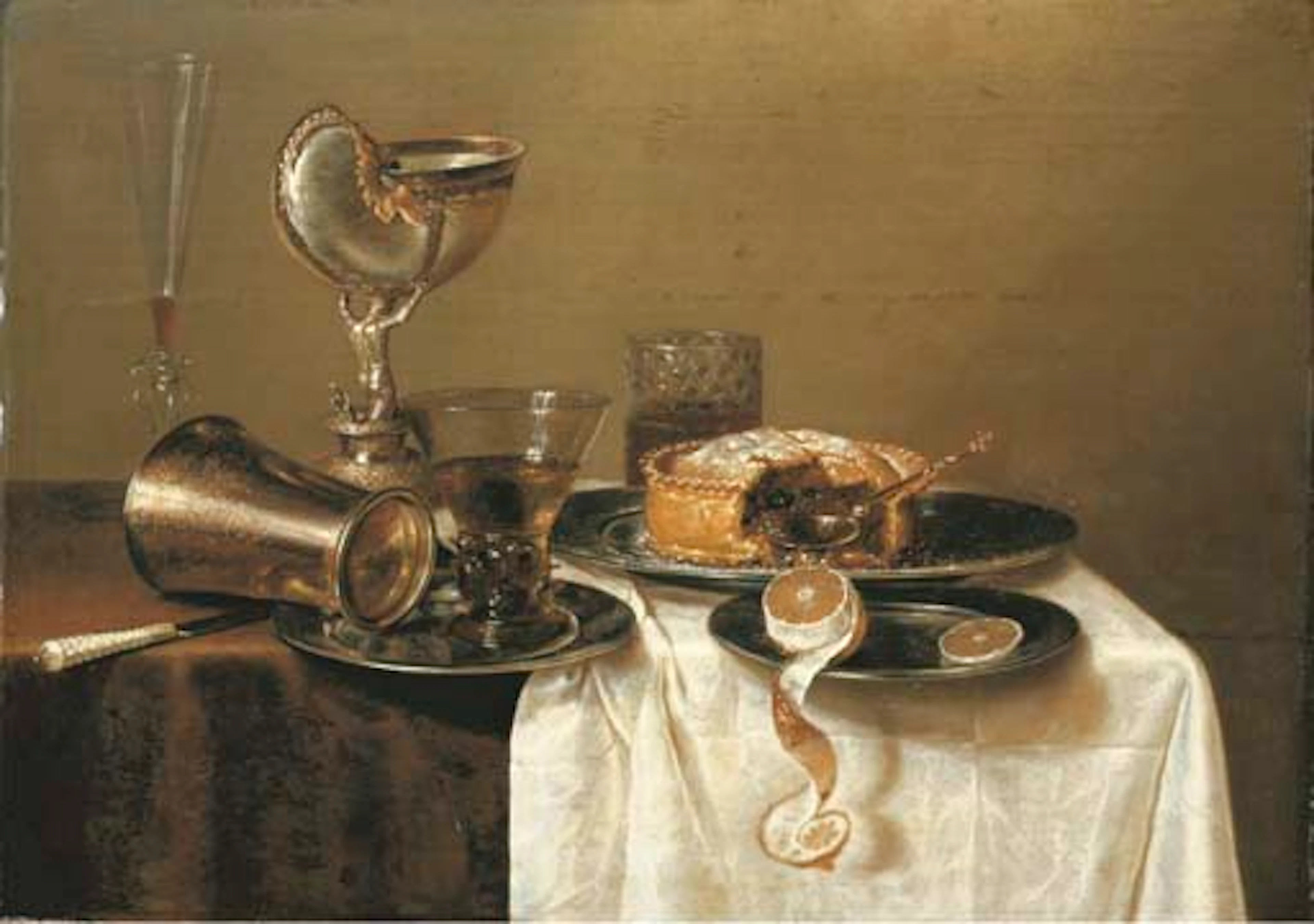 An overturned silver tumbler and a roemer on a pewter plate, a façon-de-Venise wineglass, a nautilus cup, a pie and a partly-peeled lemon on pewter plates on a partly-draped table