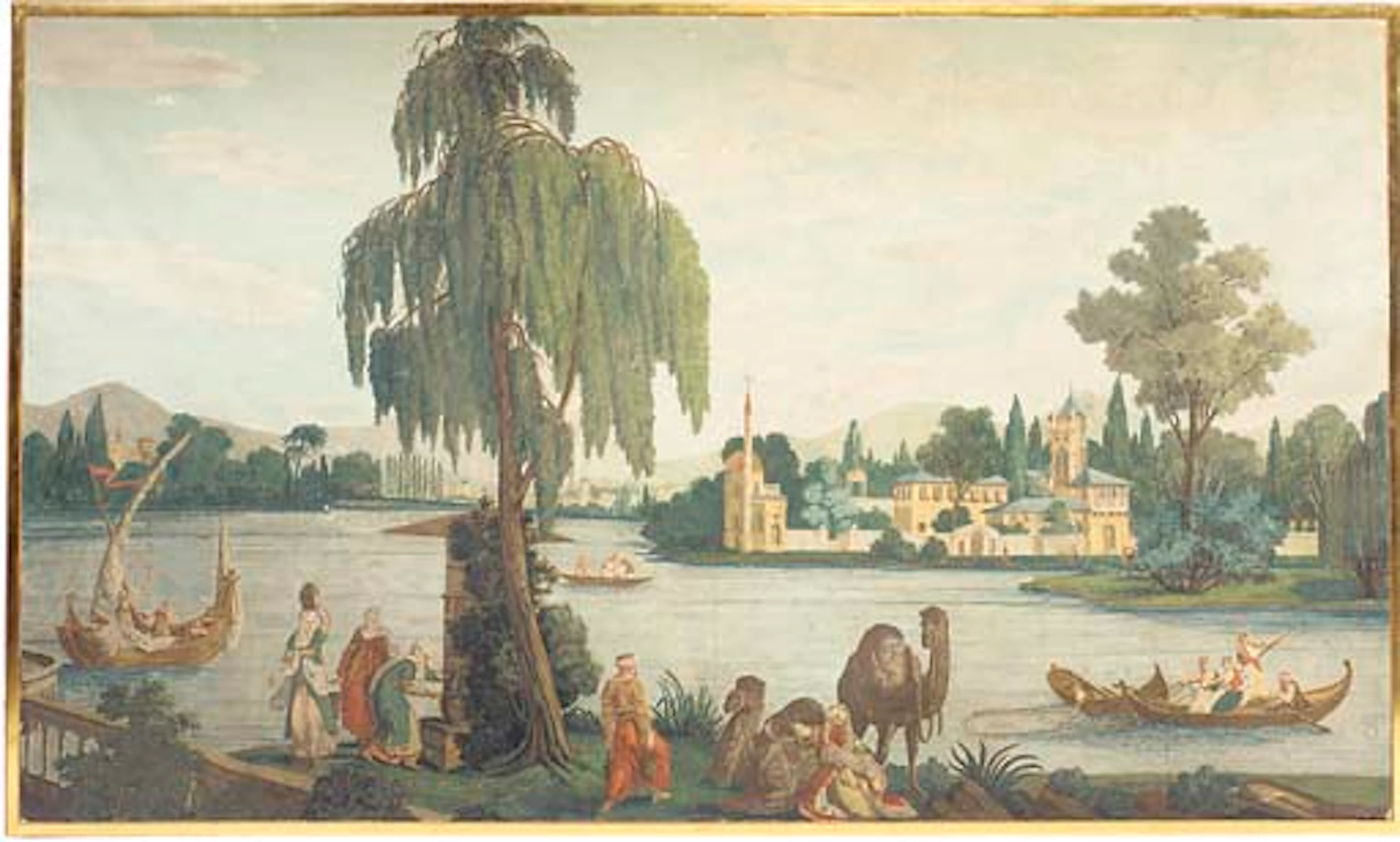 A Restauration painted wall paper panel from the 'Les Rives du Bosphore'