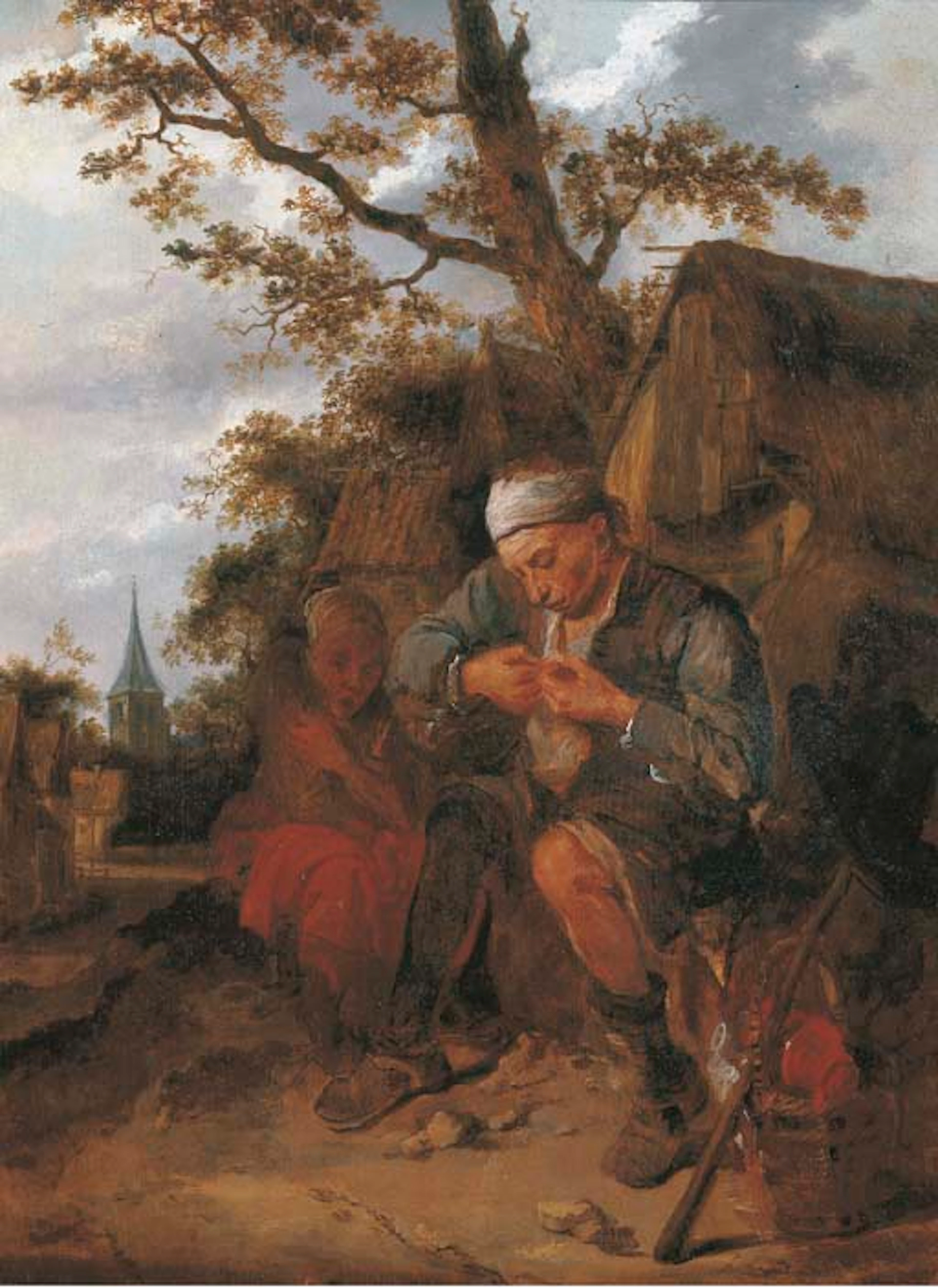 Peasants seated outside a farmhouse