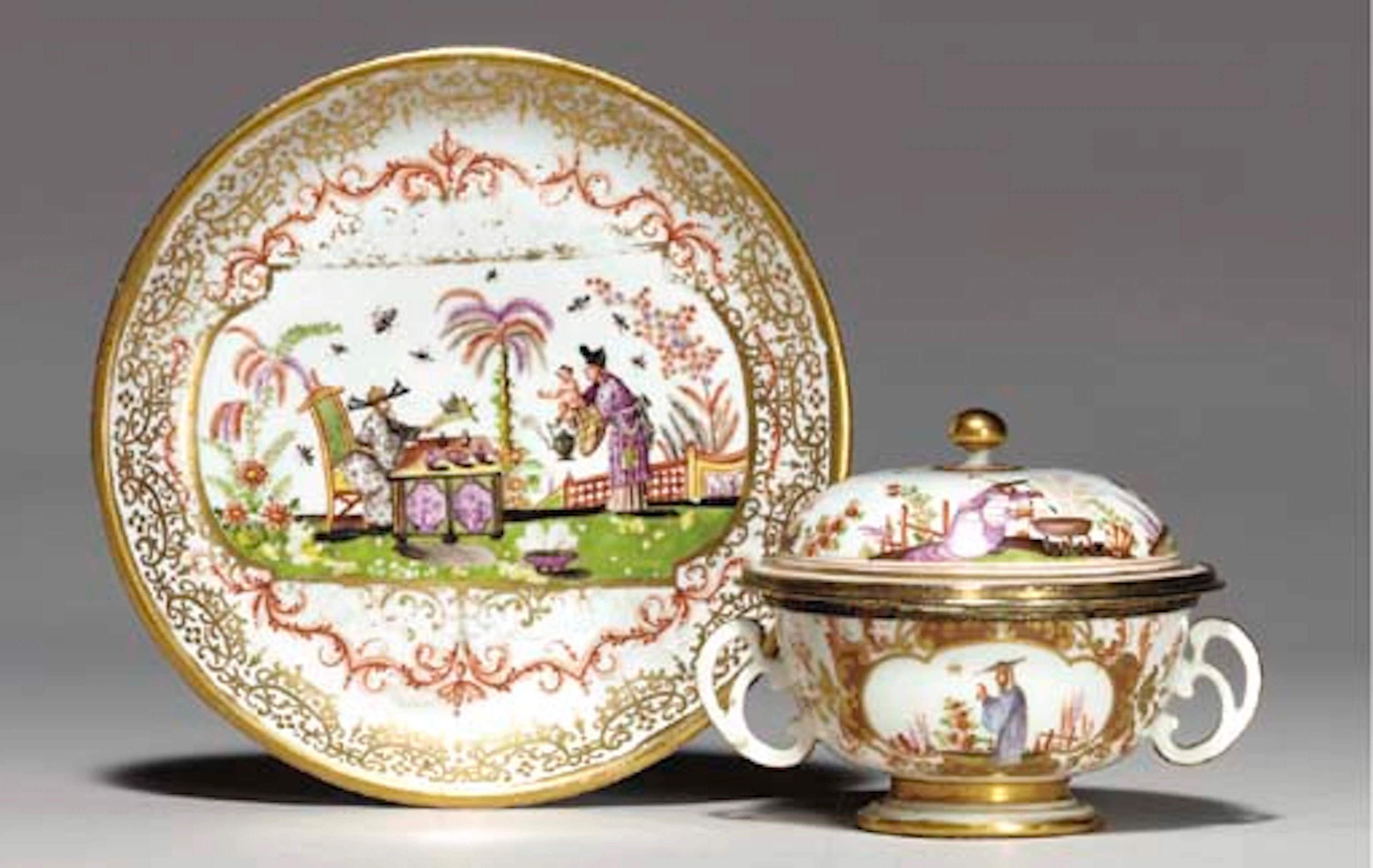A MEISSEN SILVER-GILT MOUNTED CHINOISERIE SMALL ECUELLE, AND A COVER AND A STAND