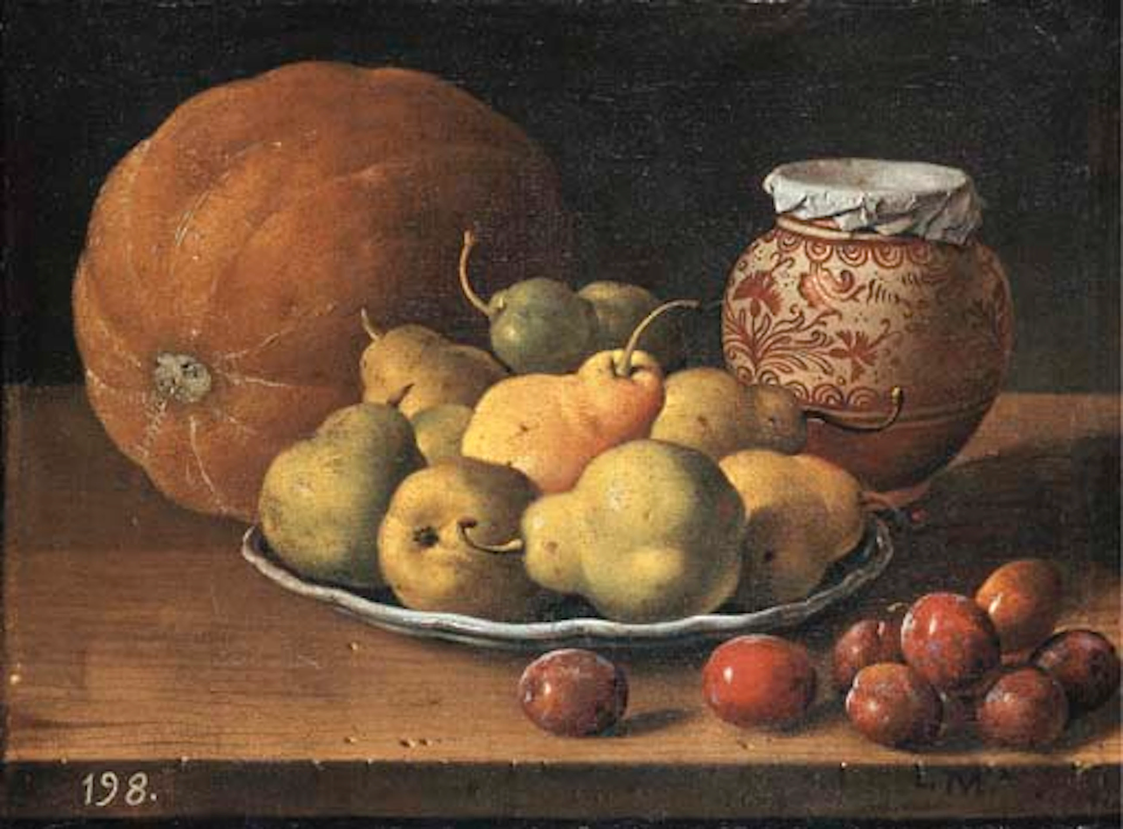 Pears on a plate, a melon, plums, and a decorated Manises jar with plums on a wooden ledge