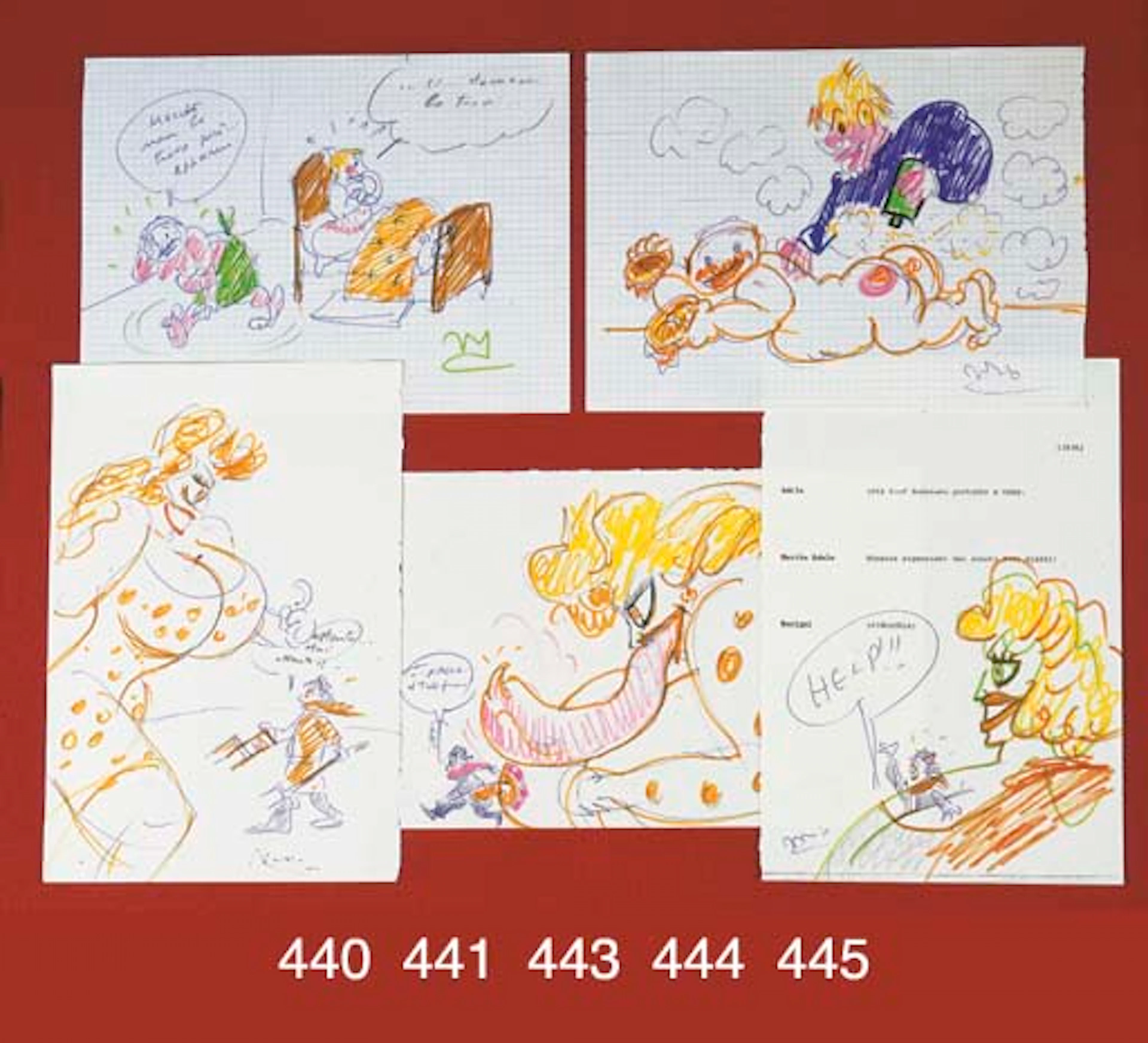 FELLINI, Federico. Disegno autografo firmato, 4° (circa 290 x 200): penna e pennarelli colorati raffigurante autoritratto intabarrato, in fuga da Super-Donna che lo insegue con Super-Lingua e Super-Se