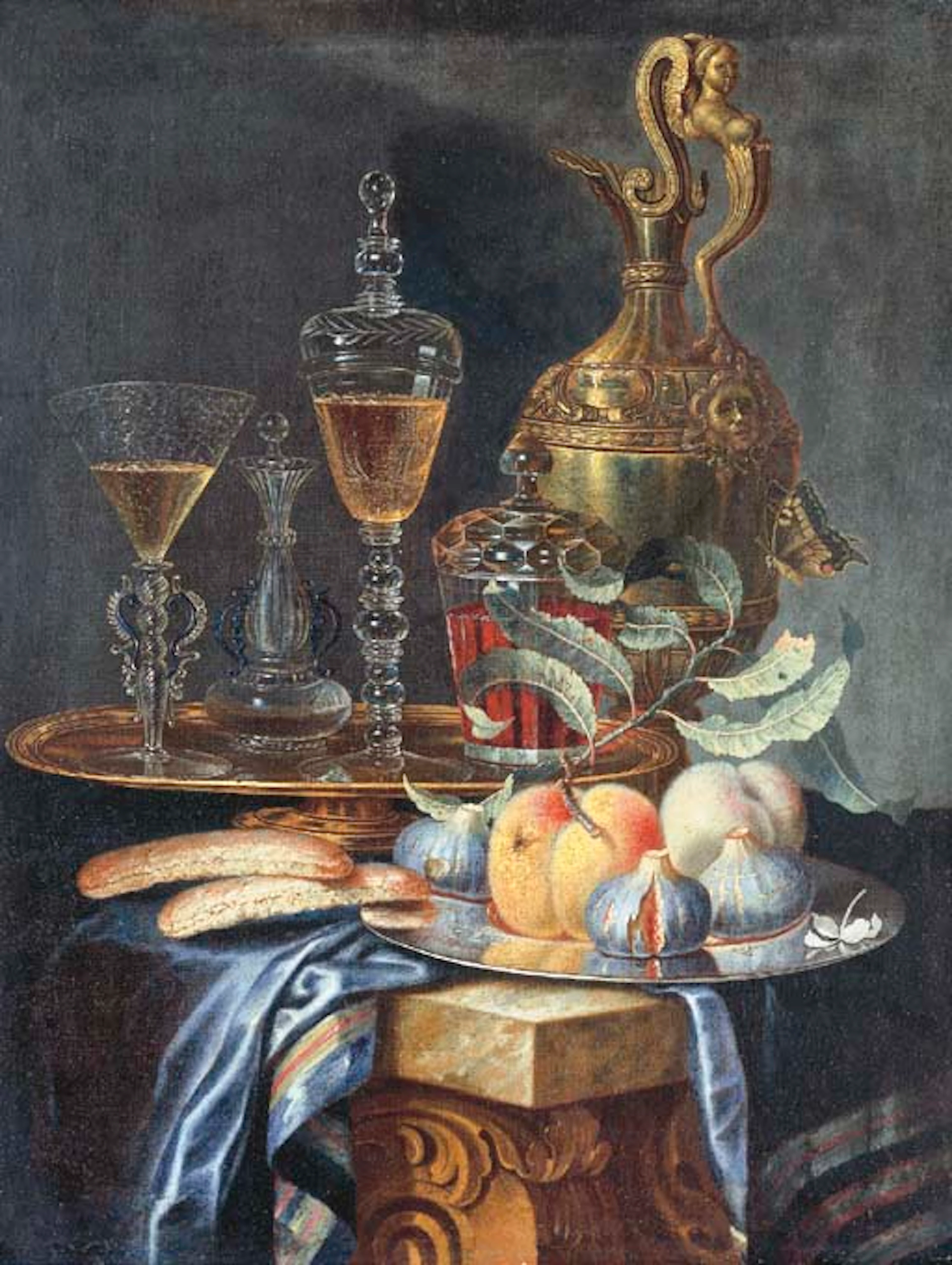 Peaches and figs on a pewter platter, a Façon de Venise fluted wine glass and vessel with a Bohemian covered goblet and covered beaker on a gilt platter, all resting on a partially draped stone ledge