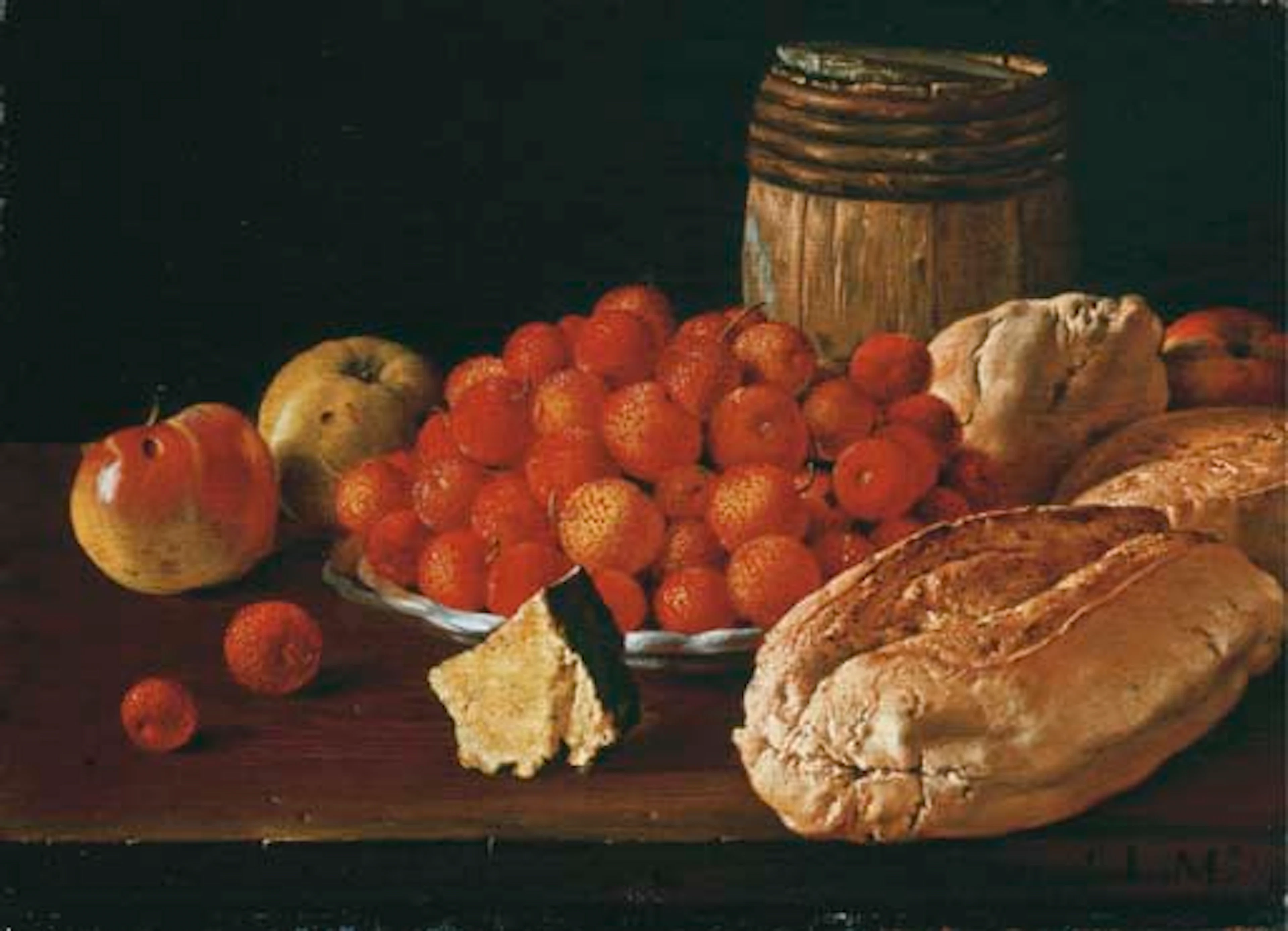 Arbutus berries on a plate, apples, a wood barrel and bread rolls on a wooden table