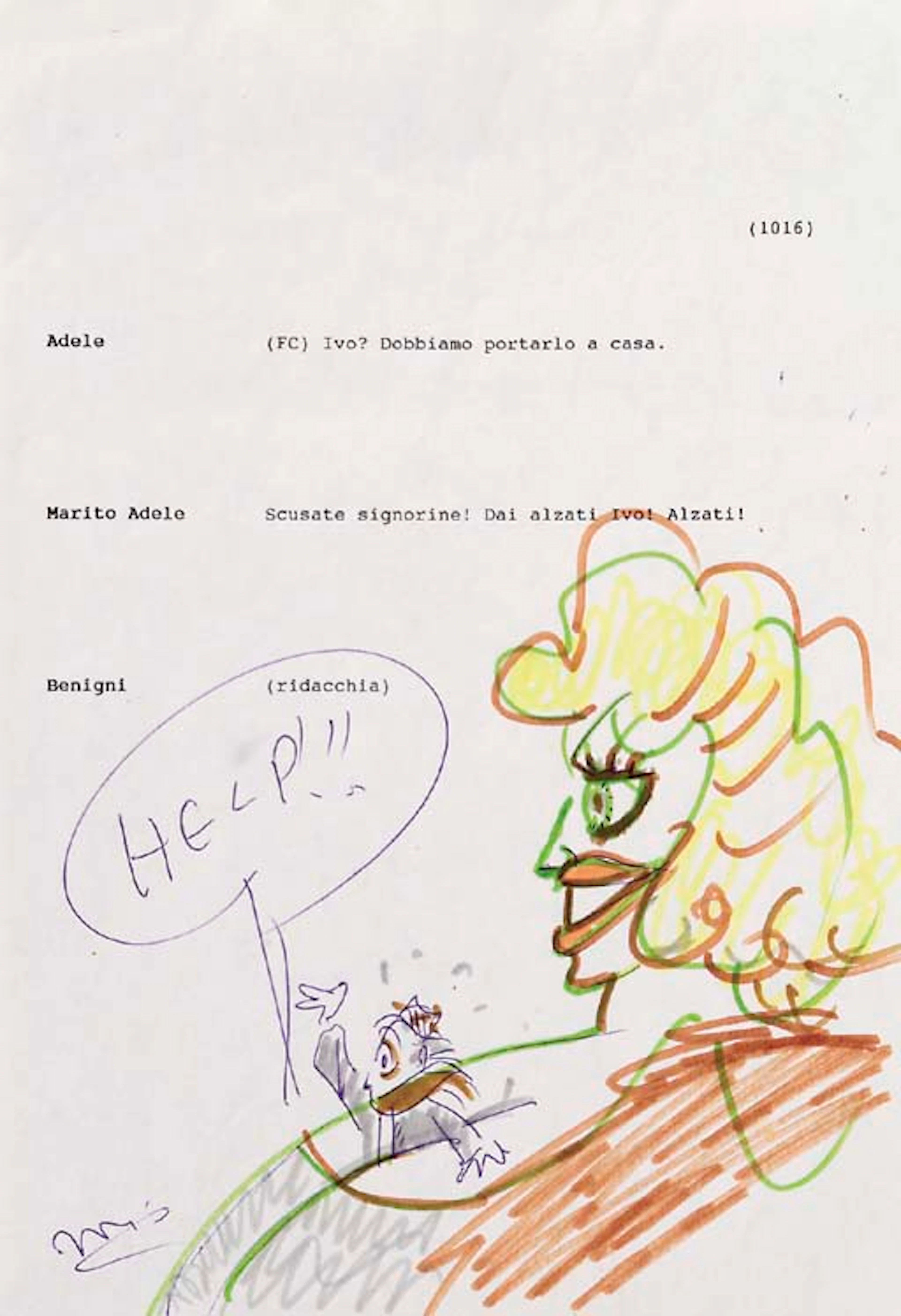 FELLINI, Federico. Disegno a colori autografo firmato, 4°, autoritratto da intabarrato che, in un fumetto chiede: Help!!! prigioniero tra i Super-Seni della Super-Donna