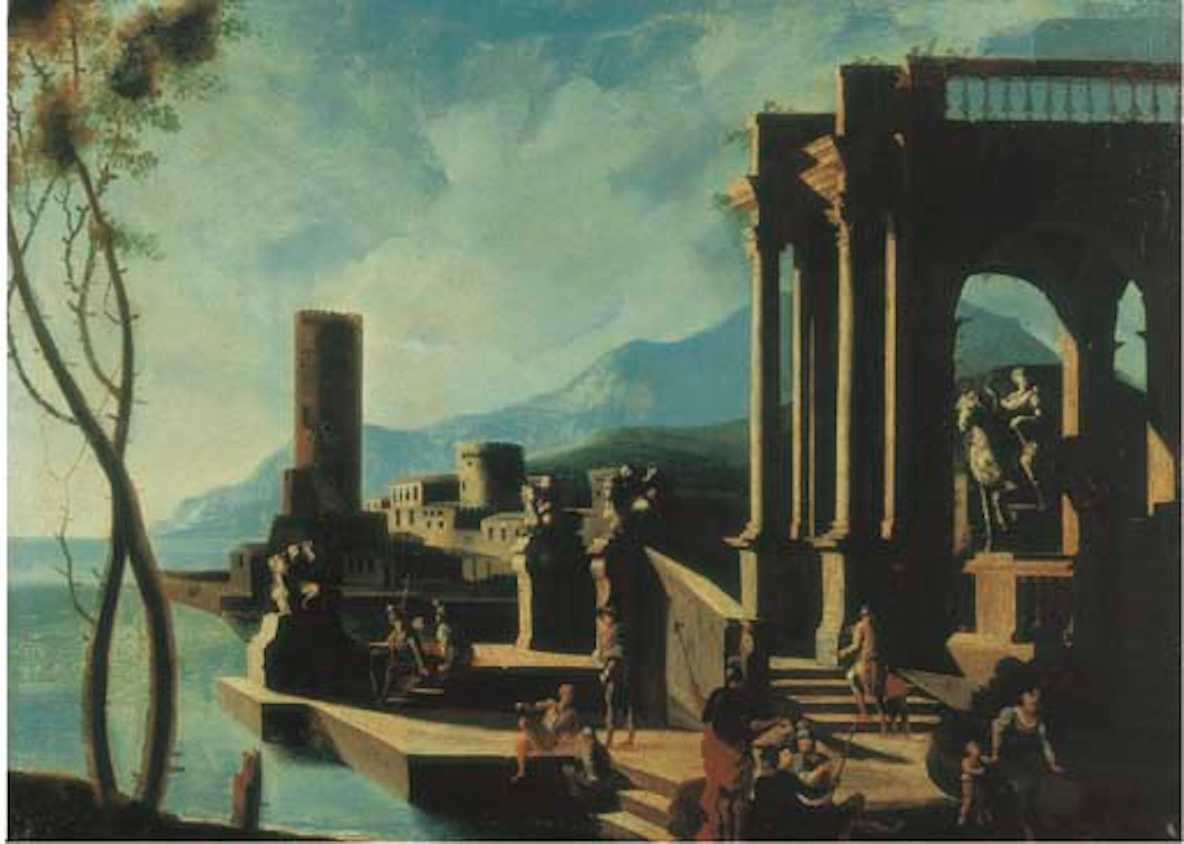 Architetture classiche con sculture antiche, astanti e città fortificata in lontananza