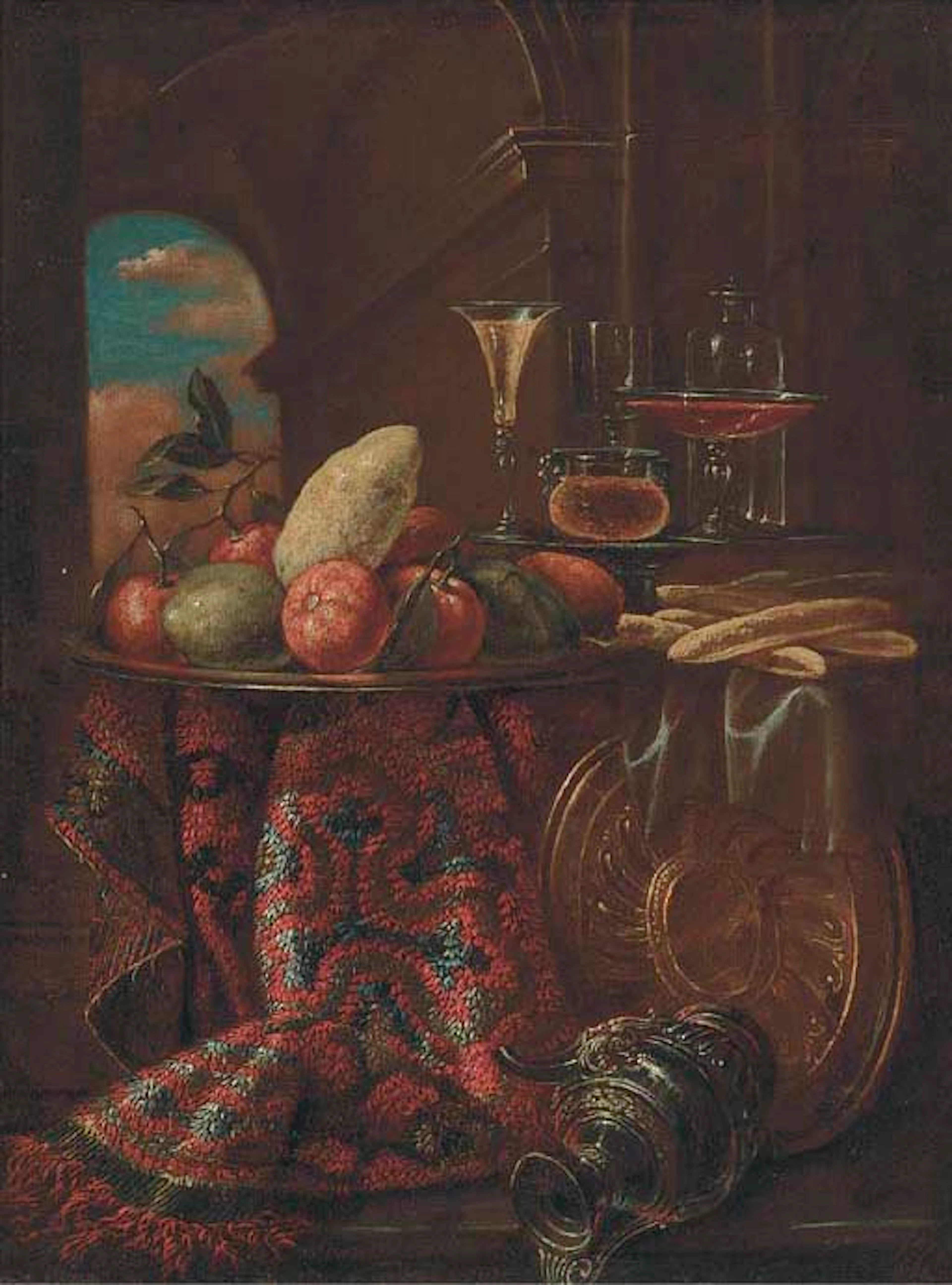 Oranges, limes, and a lemon on a dish, bread rolls, and glasses on a partly-draped table with a ewer and platter