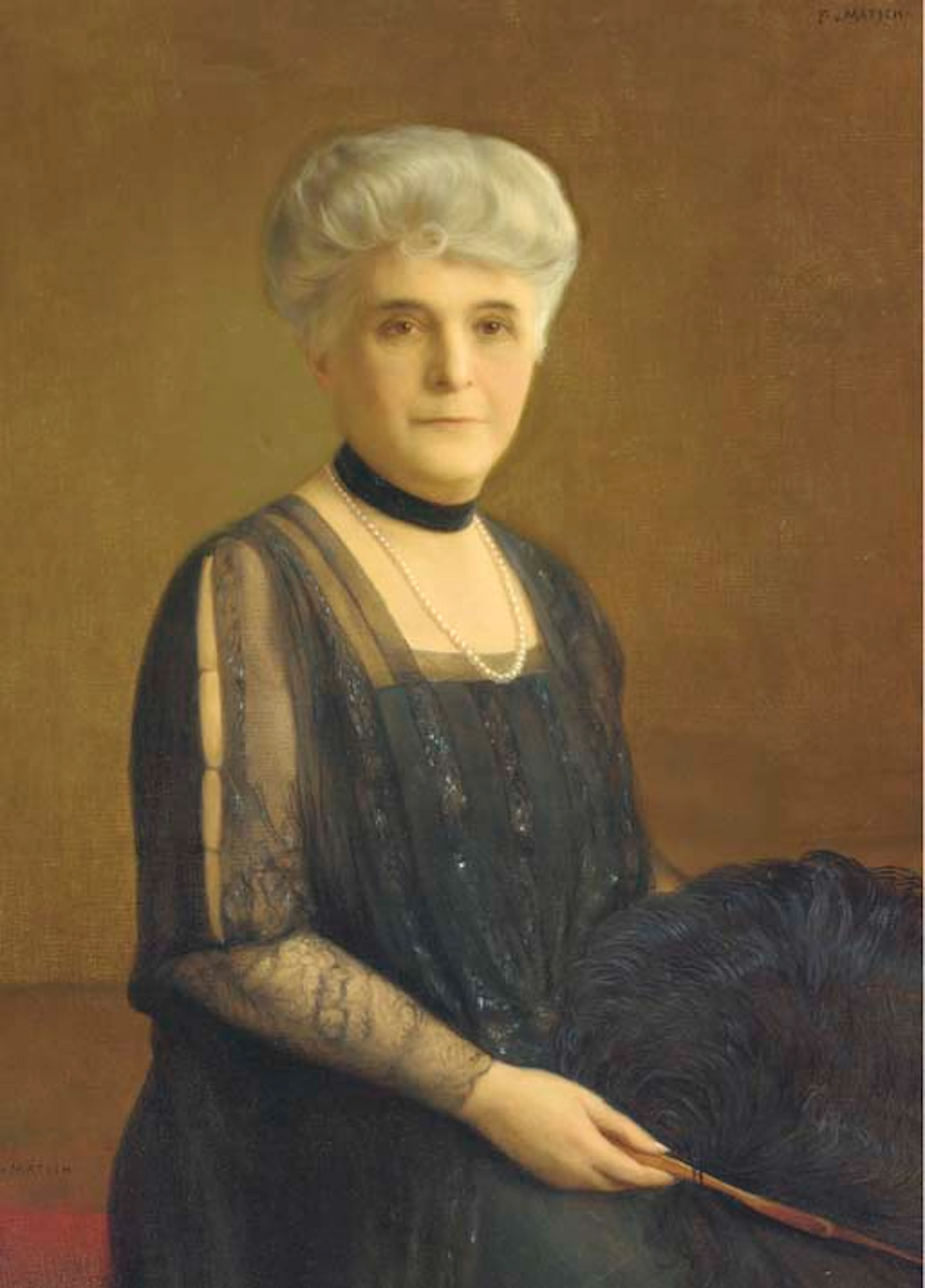Portrait of a lady in a black dress with a feather fan