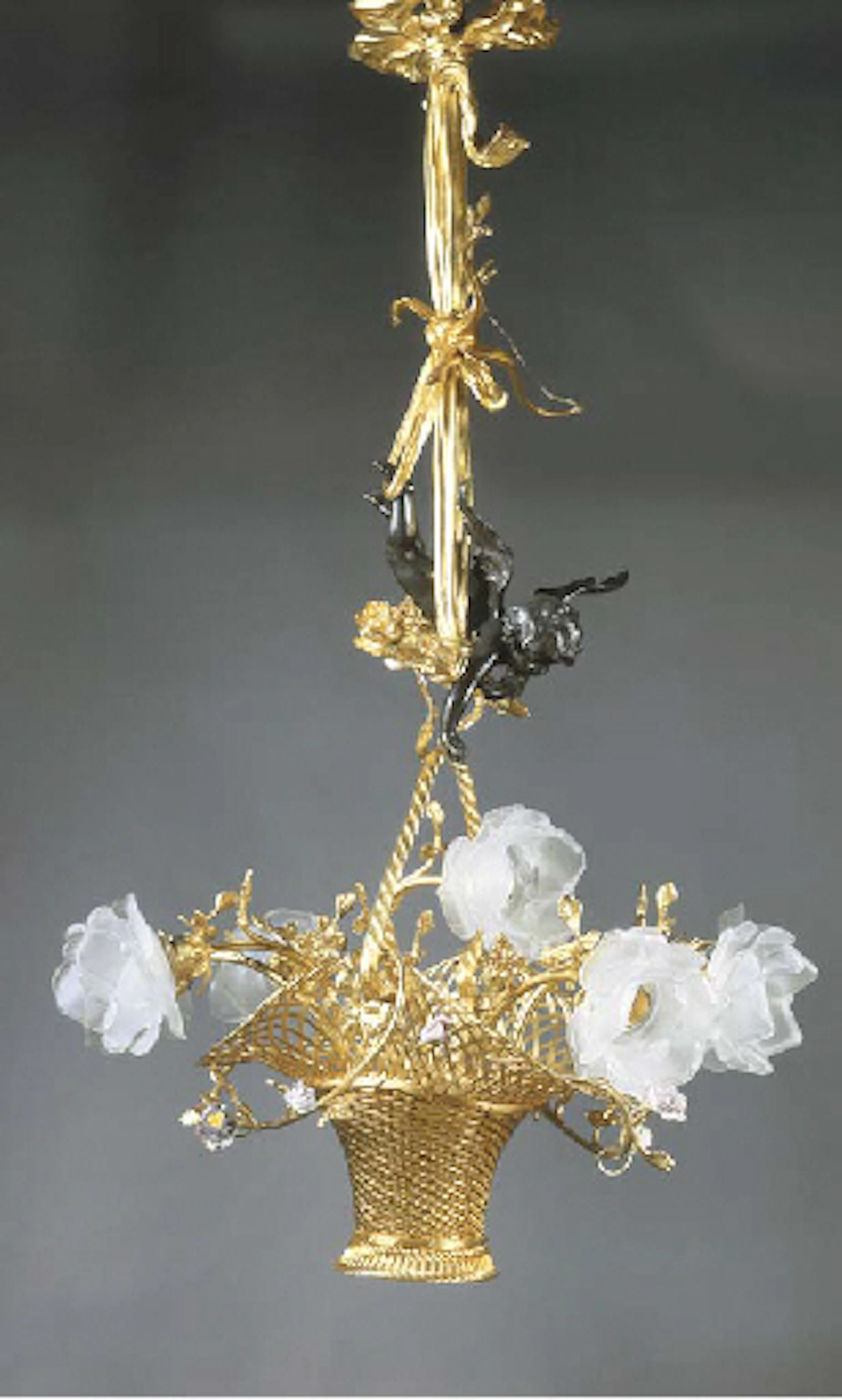 A French ormolu, patinated bronze and porcelain-mounted seven-light chandelier