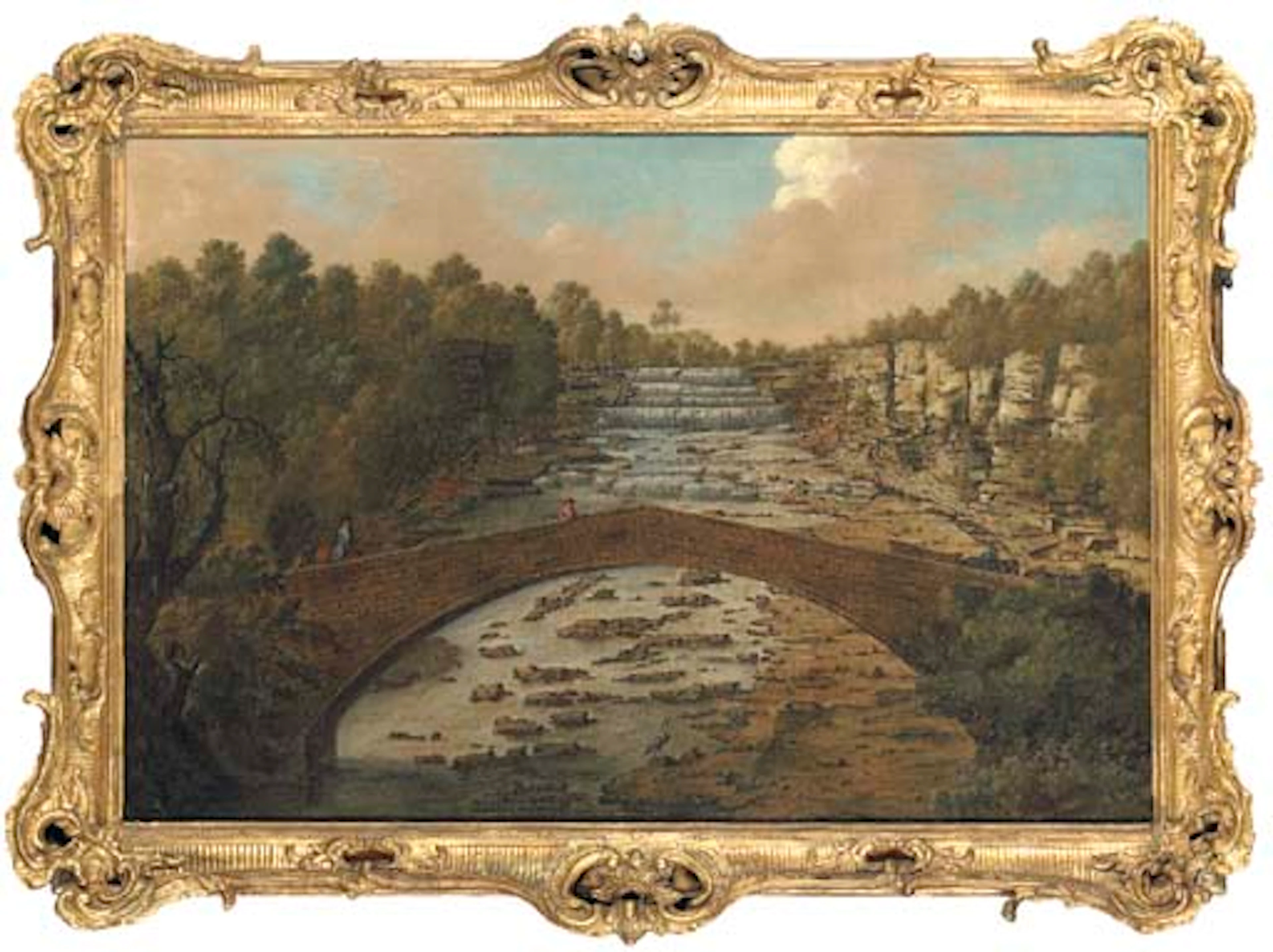 A view on the River Skell at Studley Royal, Yorkshire, with figures on a bridge, cascades beyond, and herons below