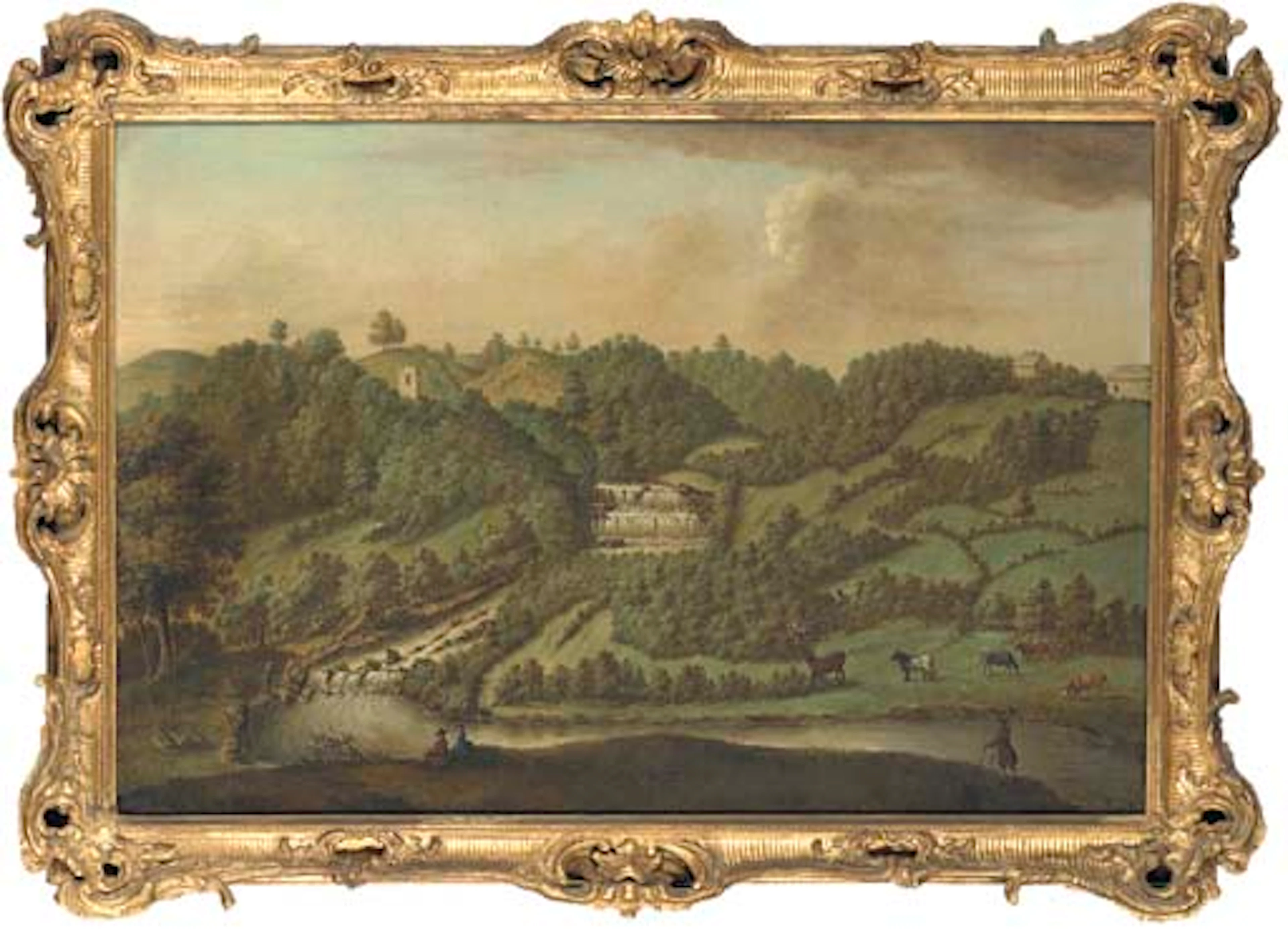 A view on the River Skell at Studley Royal, Yorkshire, with figures and cattle in the foreground and a tower beyond