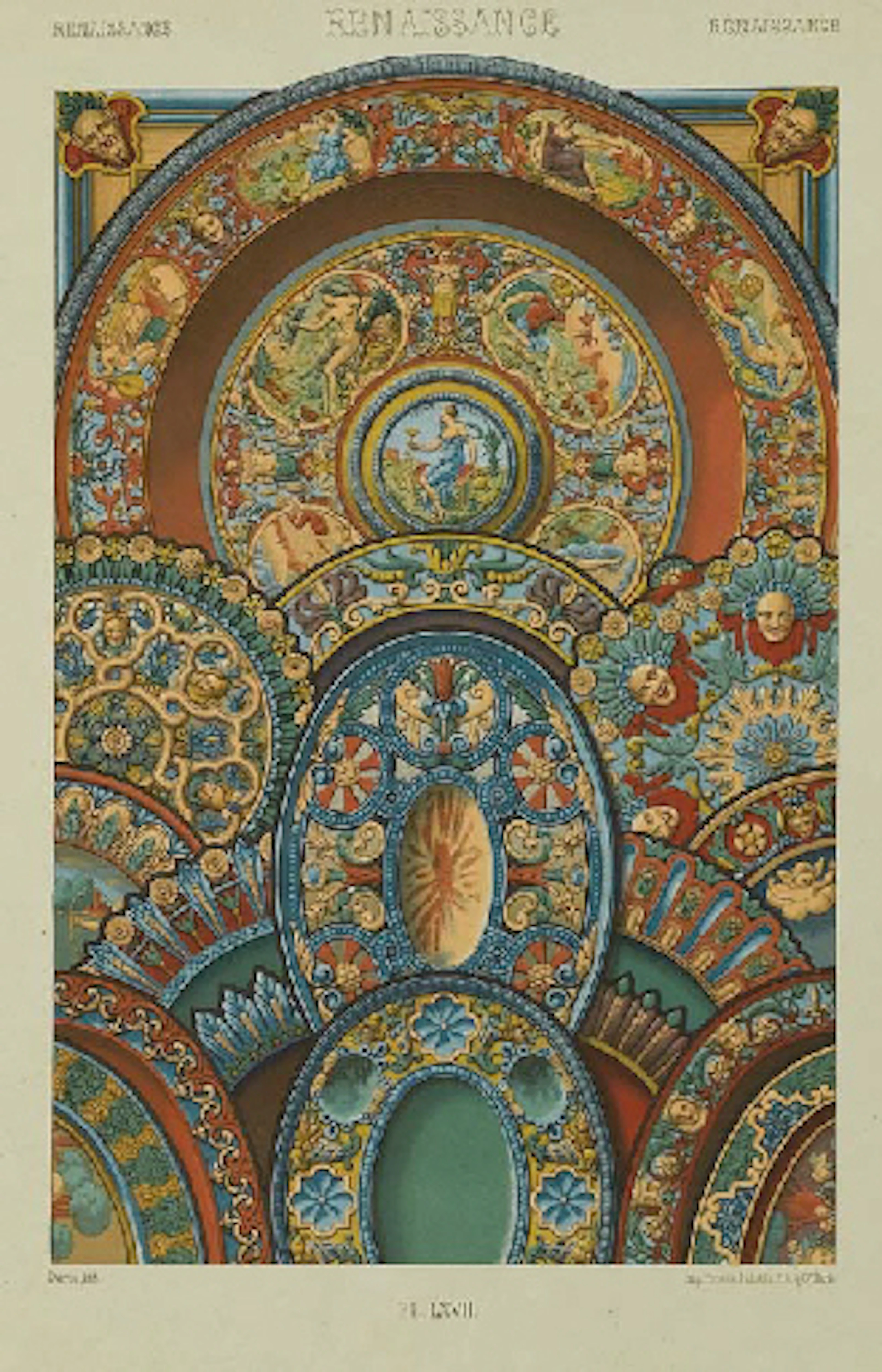 RACINET, Auguste. L'ornement polychrome. Parigi: Firmin-Didot, [circa 1880]. 2°. 100 cromolitografie rialzate con oro e argento. Fogli sciolti in cartella rigida con bindelle (stanca)