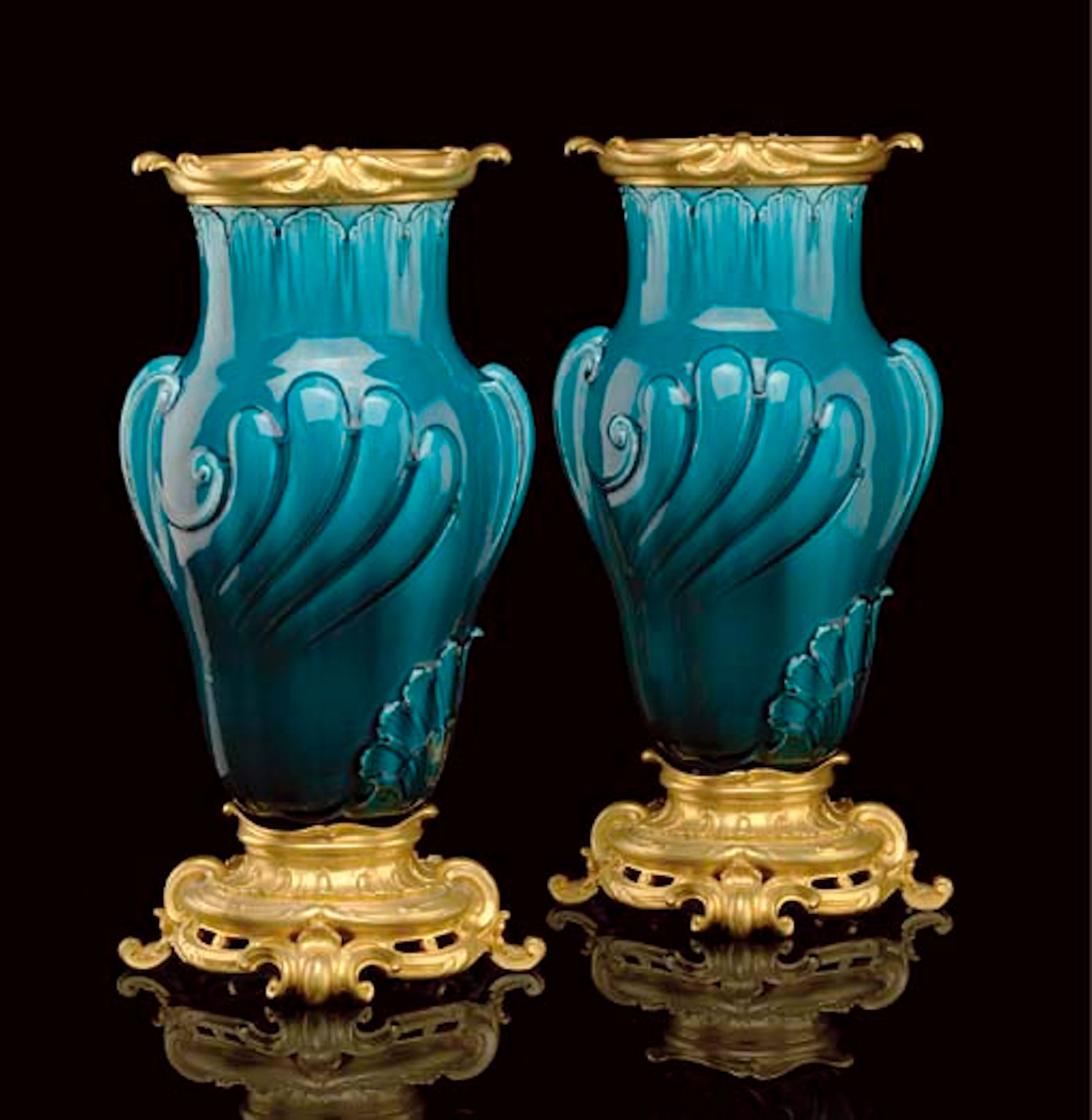A PAIR OF ORMOLU-MOUNTED FRENCH FAIENCE TURQUOISE-GROUND VASES