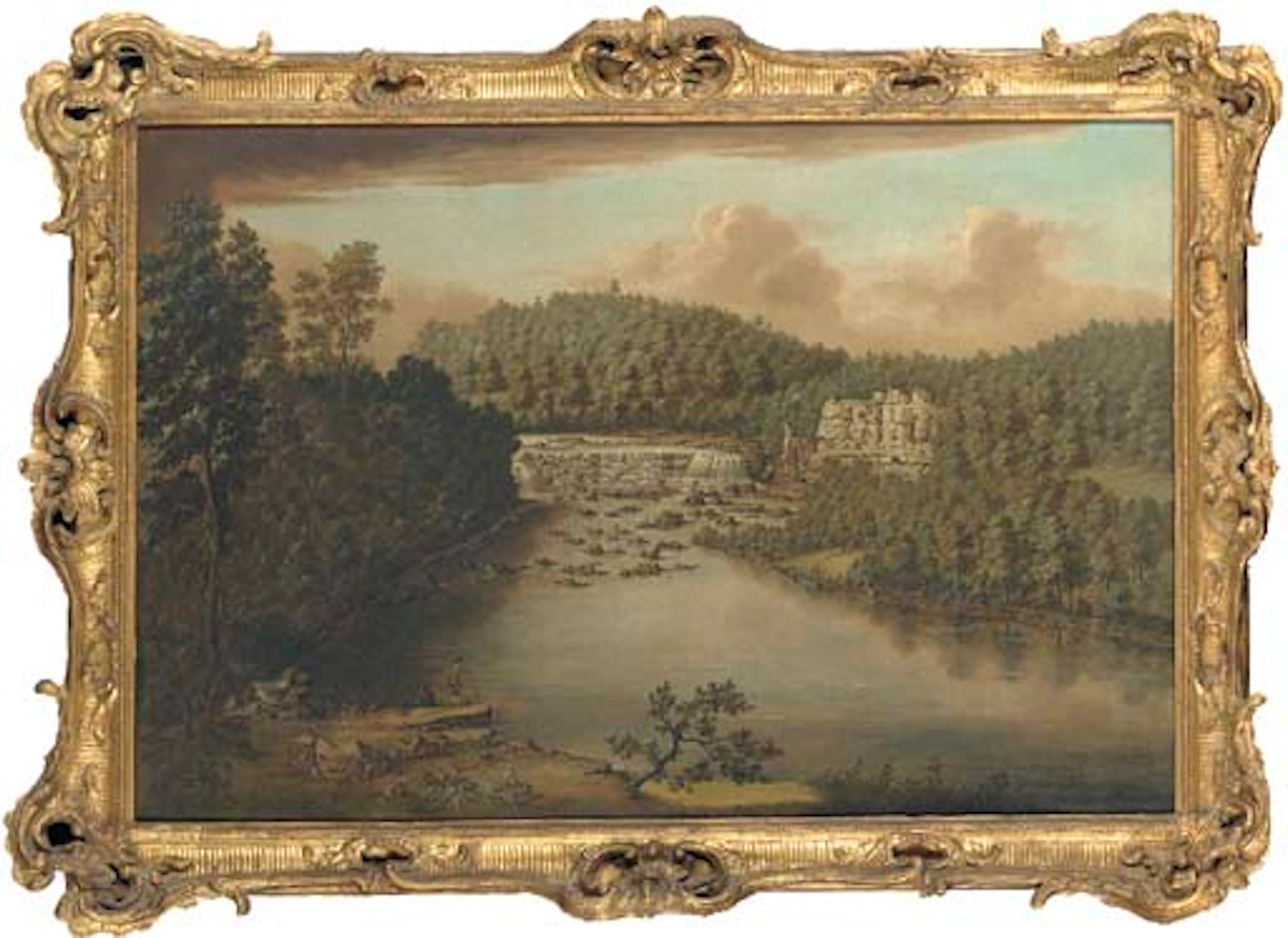 A view on the River Skell at Studley Royal, Yorkshire, with figures fishing in the foreground