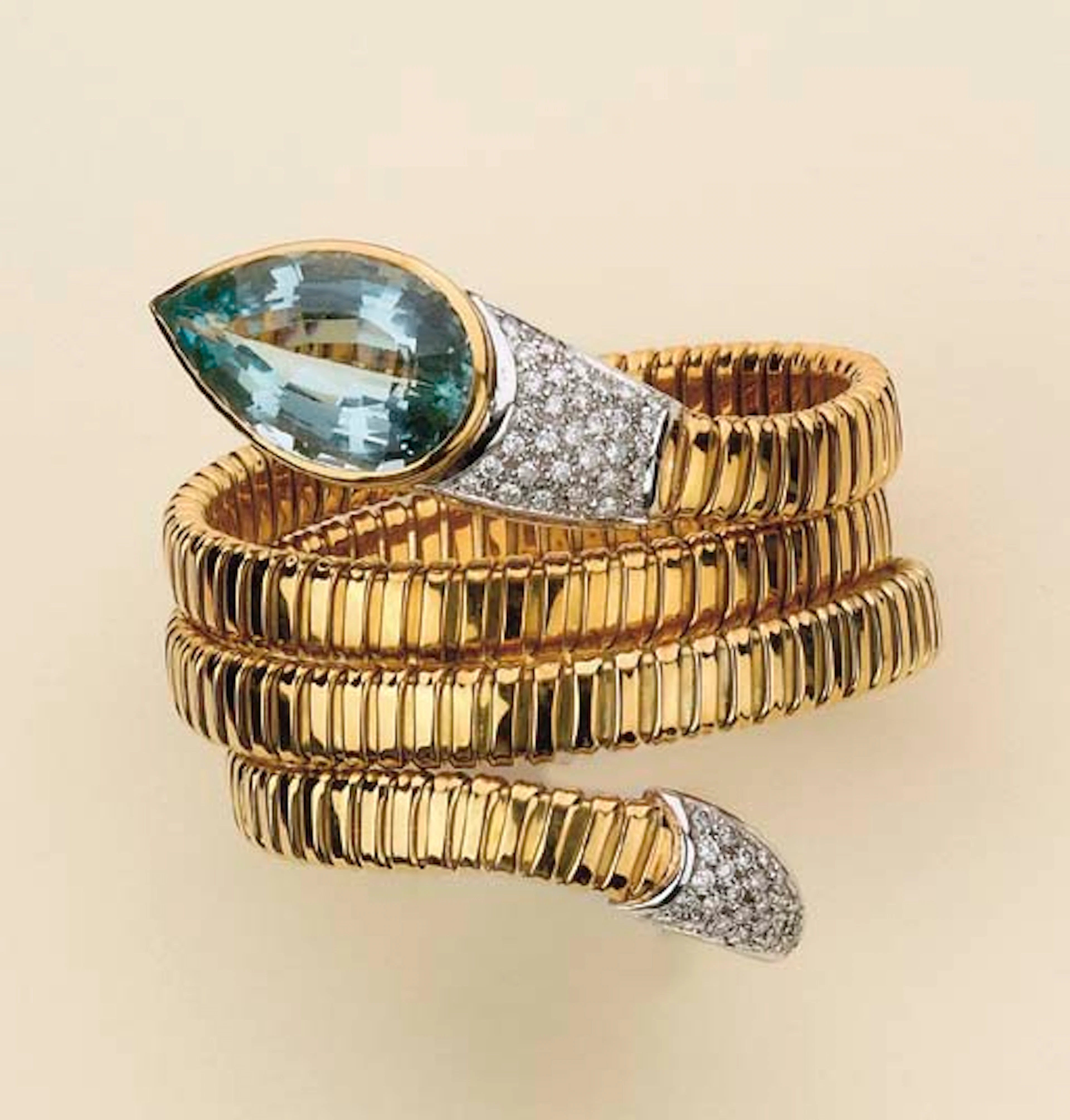 BRACCIALE SEMIRIGIDO IN ORO, ACQUAMARINA E DIAMANTI