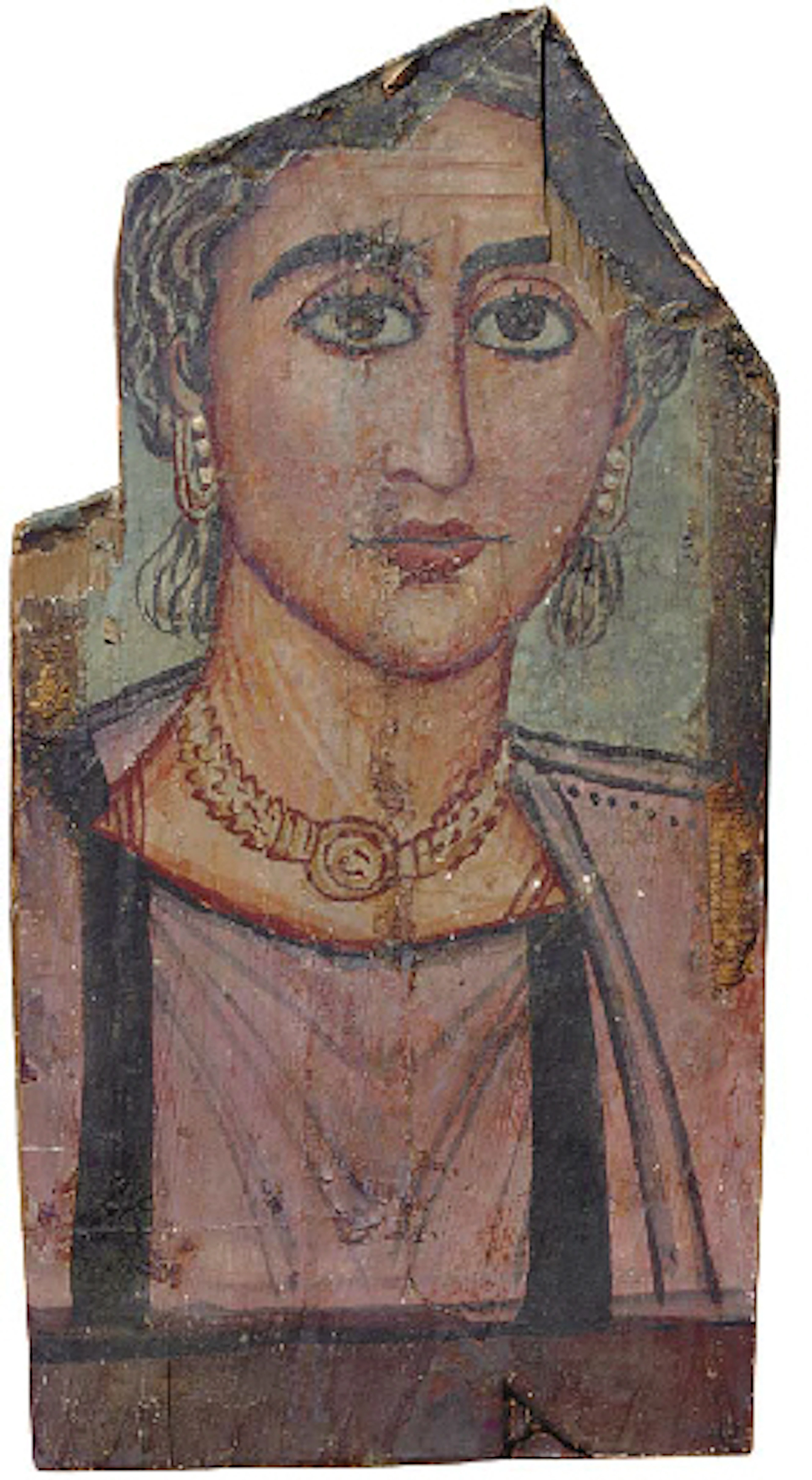 AN EGYPTIAN PAINTED WOOD MUMMY PORTRAIT OF A WOMAN