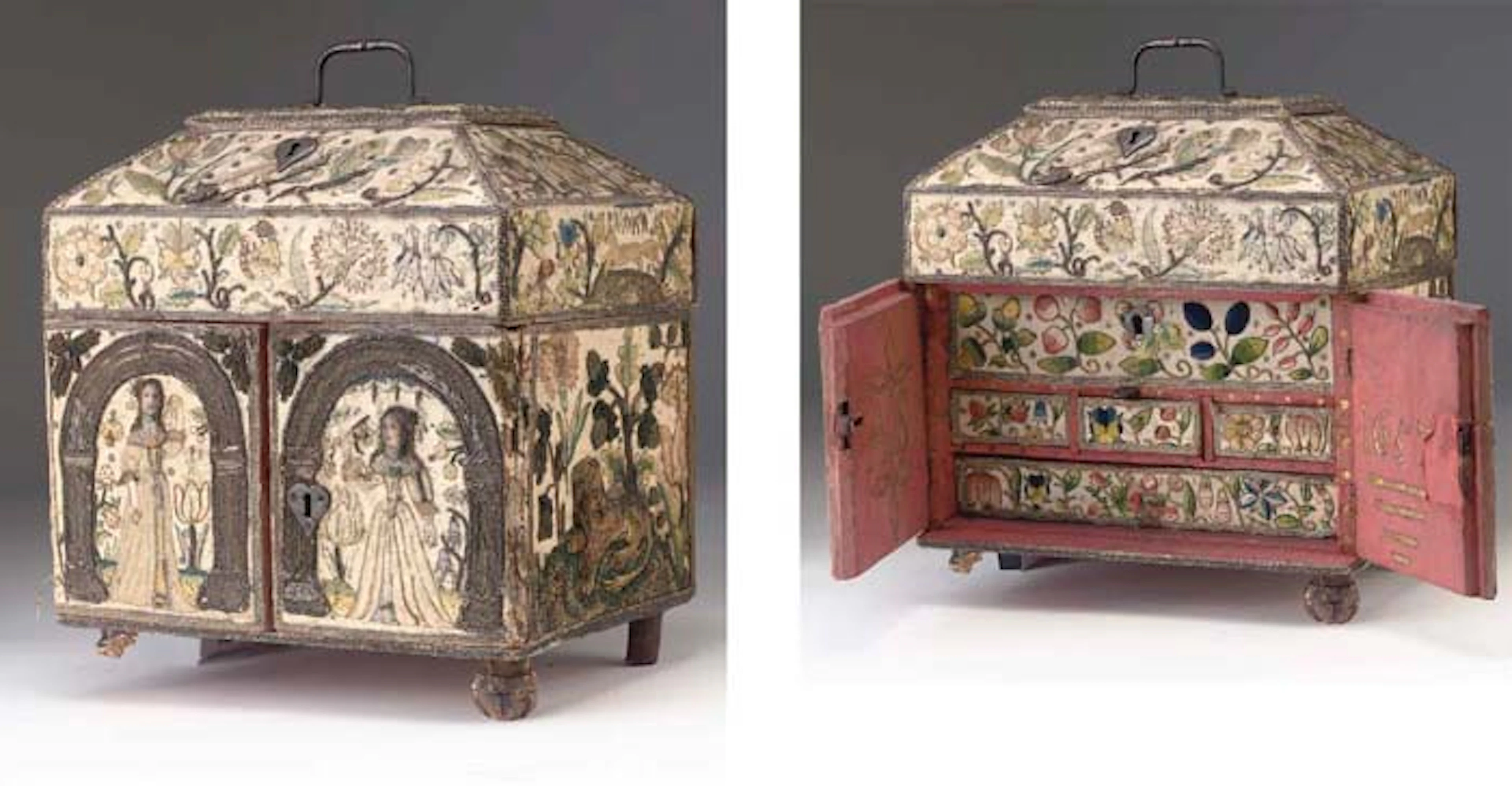 A RAISED WORK CASKET, 17TH CENTURY