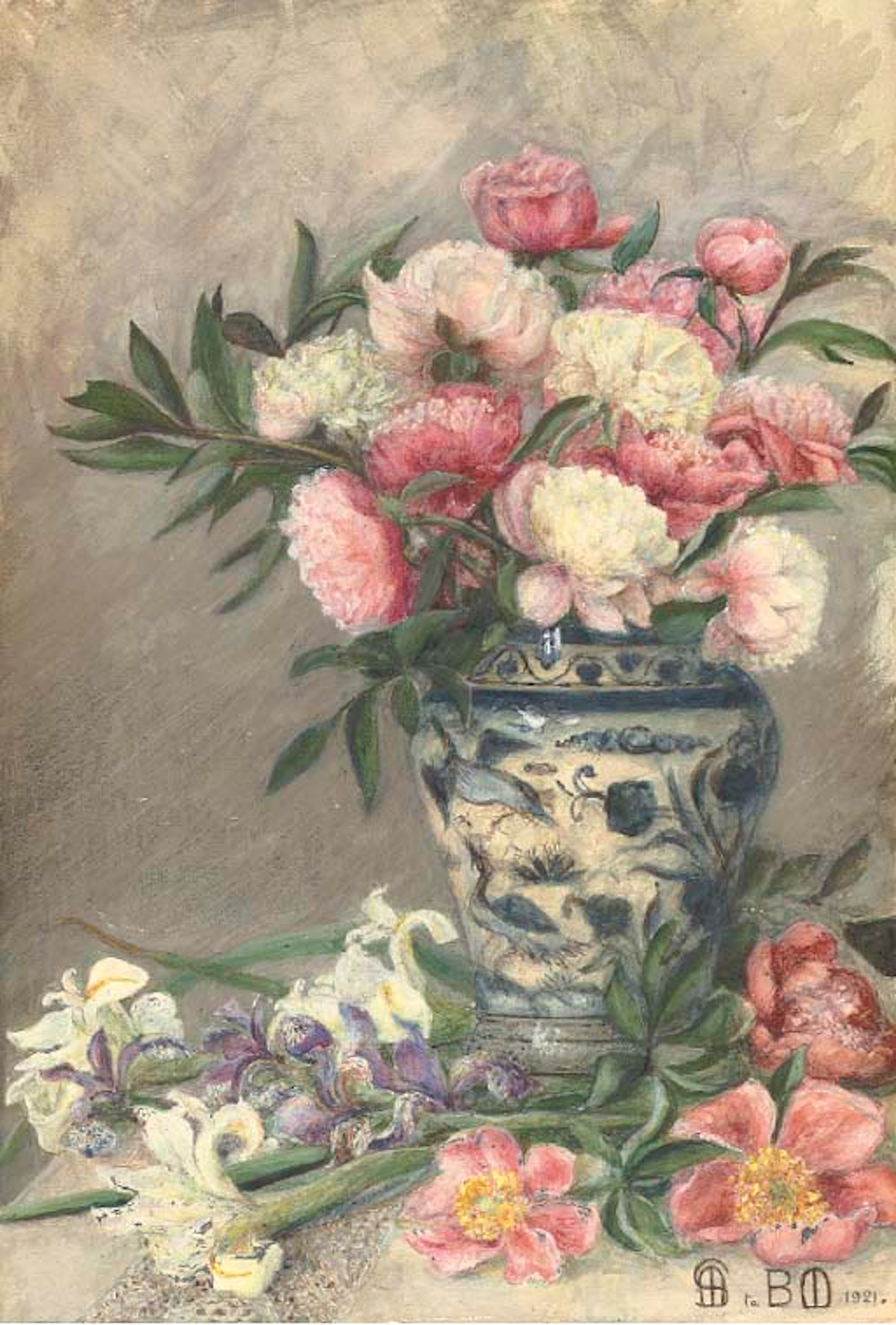 Still-life of peonies and irises in a Chinese vase