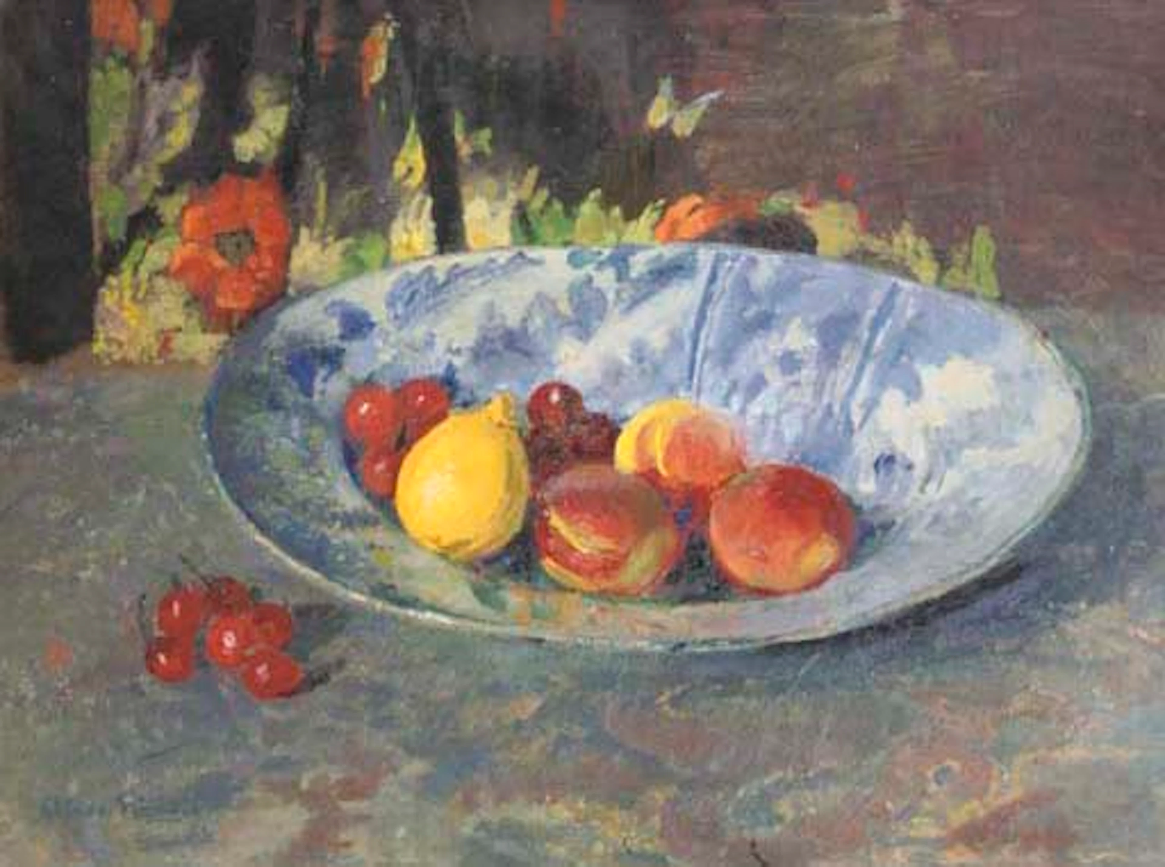 Lemons, peaches and cherries in a bowl