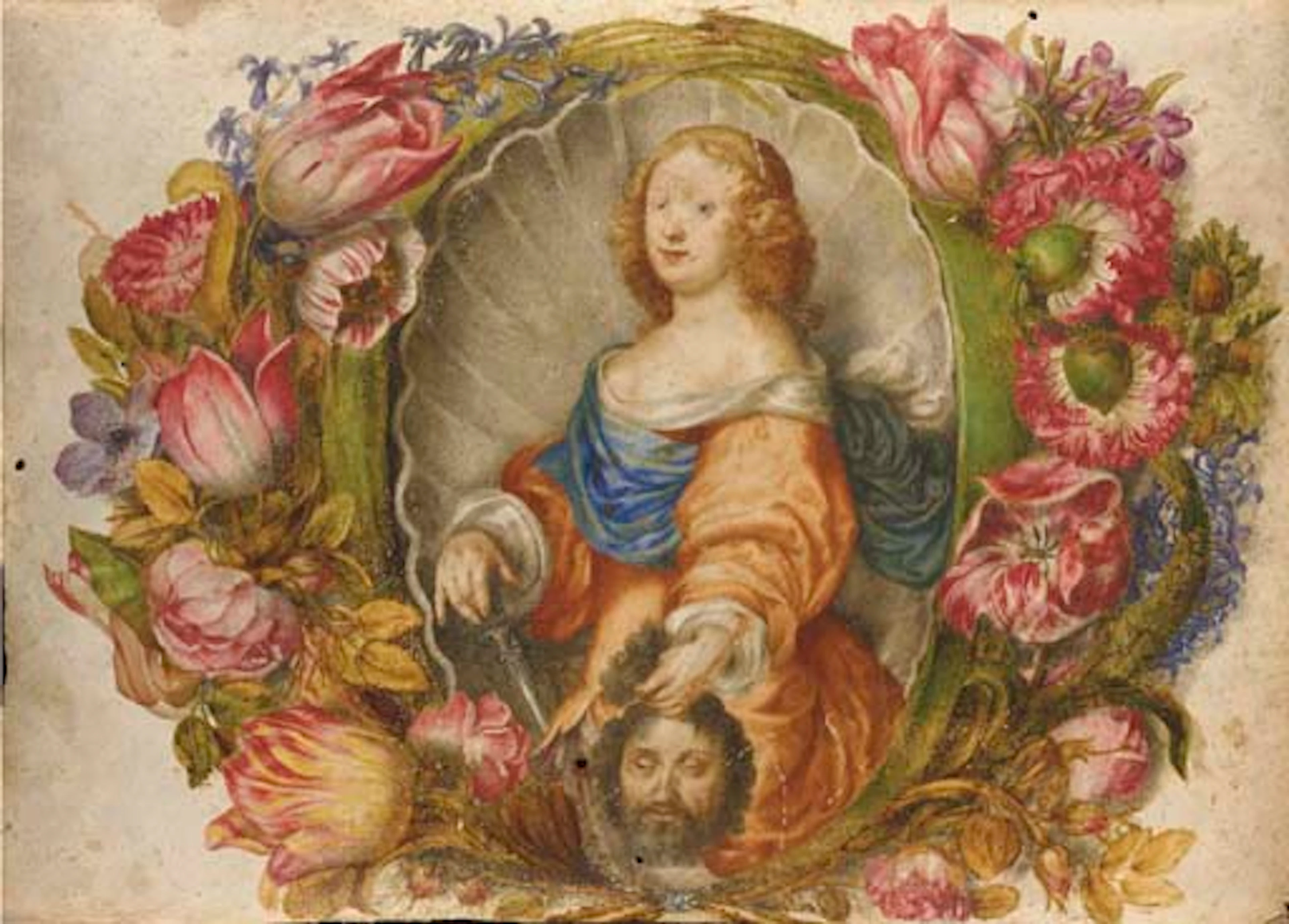 Portrait of the Grand Duchess Vittoria della Rovere as Judith, in a shell surrounded by a garland of tulips, carnations, and other flowers