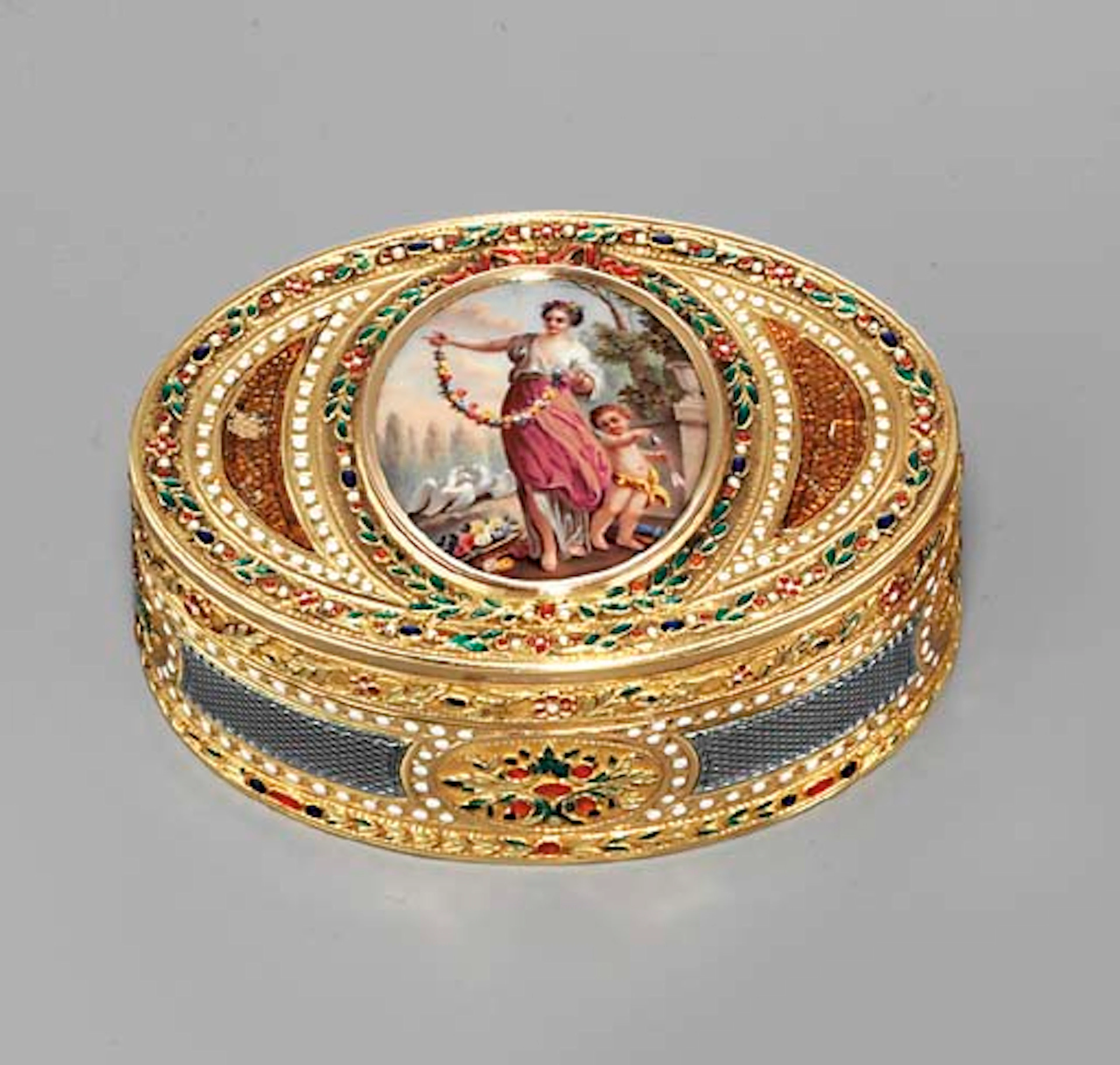 A LOUIS XVI ENAMELLED GOLD SNUFF-BOX SET WITH AN ENAMEL PLAQUE