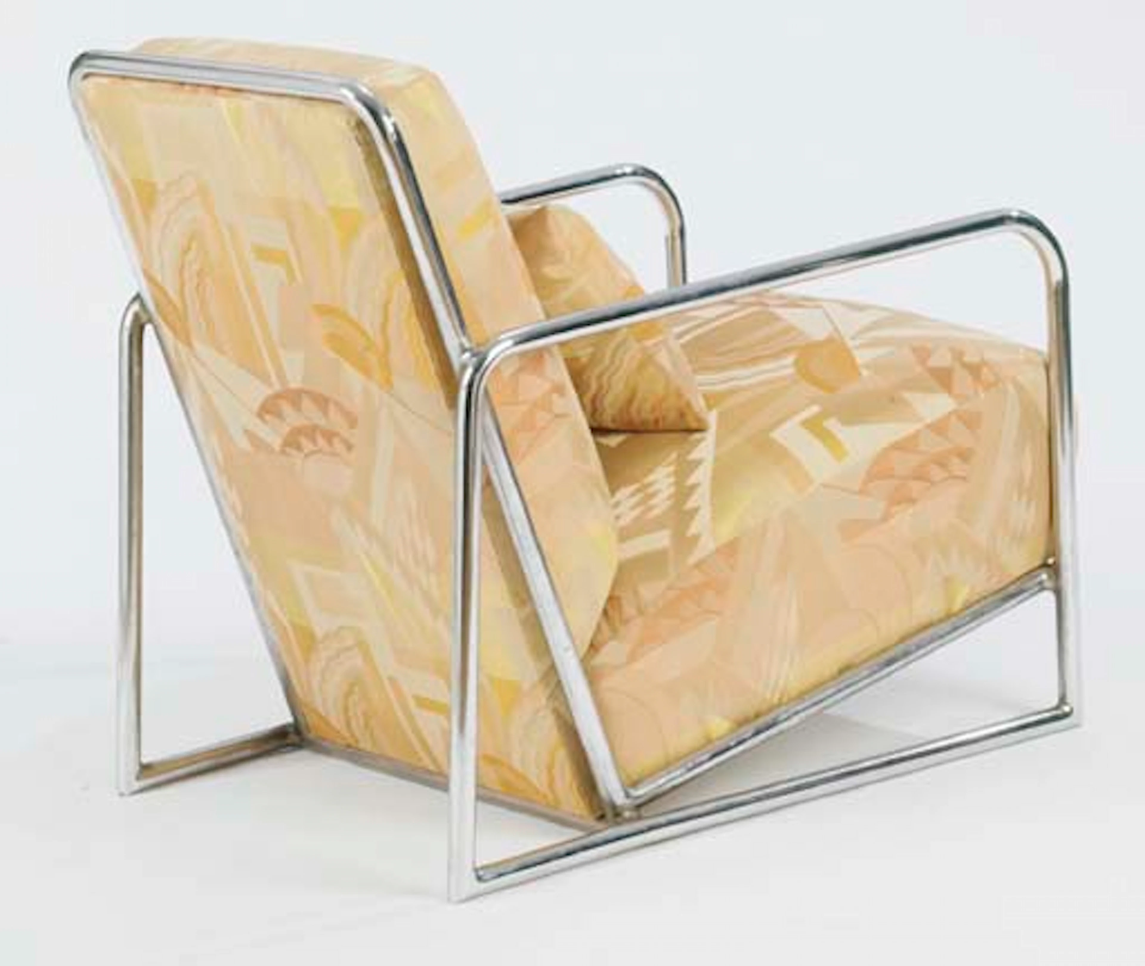 AN UPHOLSTERED CHROMED-STEEL ARMCHAIR, CIRCA 1930 UPHOLSTERED WITH VINTAGE ART DECO FABRIC