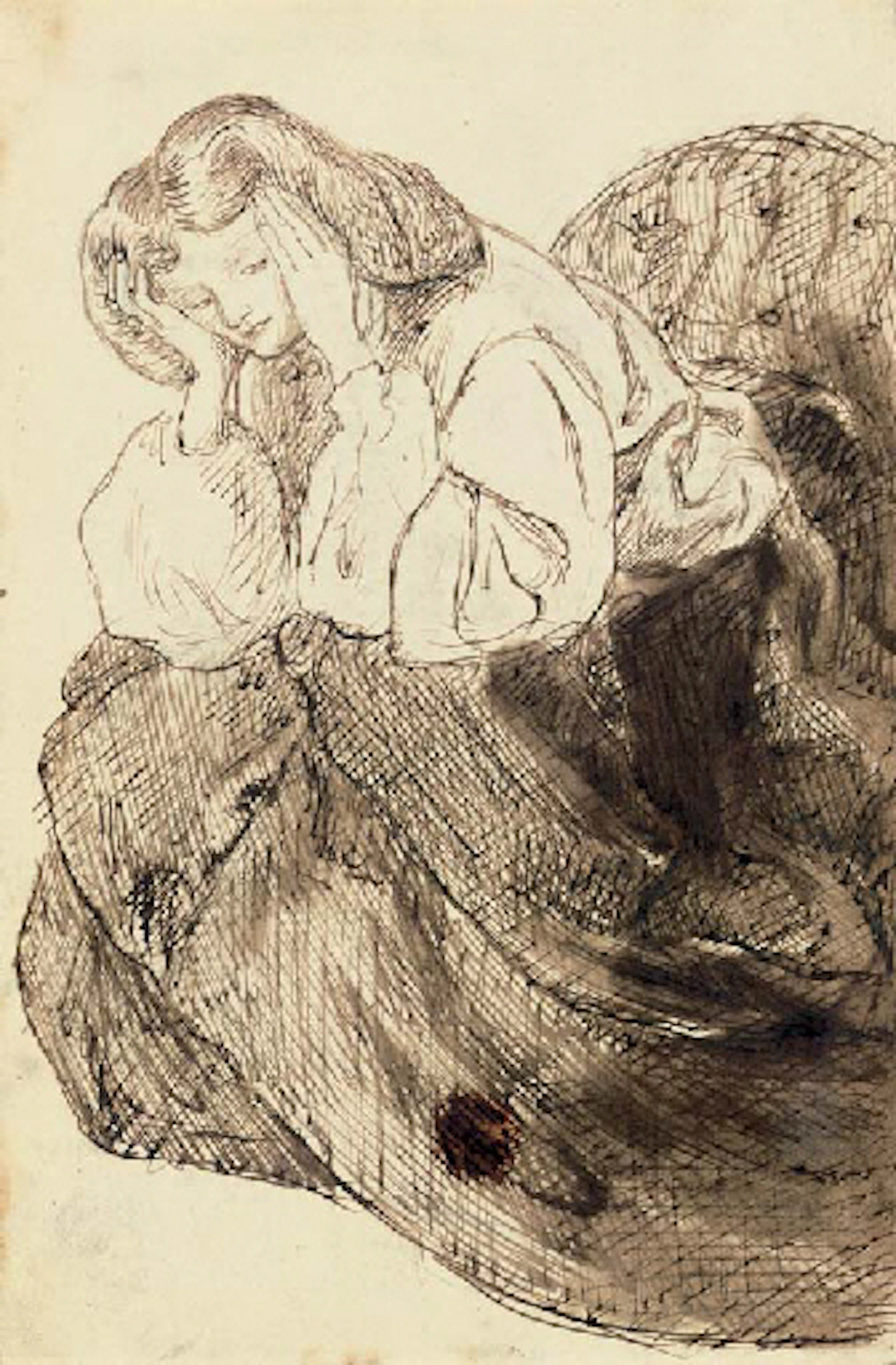 Study of Elizabeth Siddal, full-length, seated in an upholstered chair, facing left