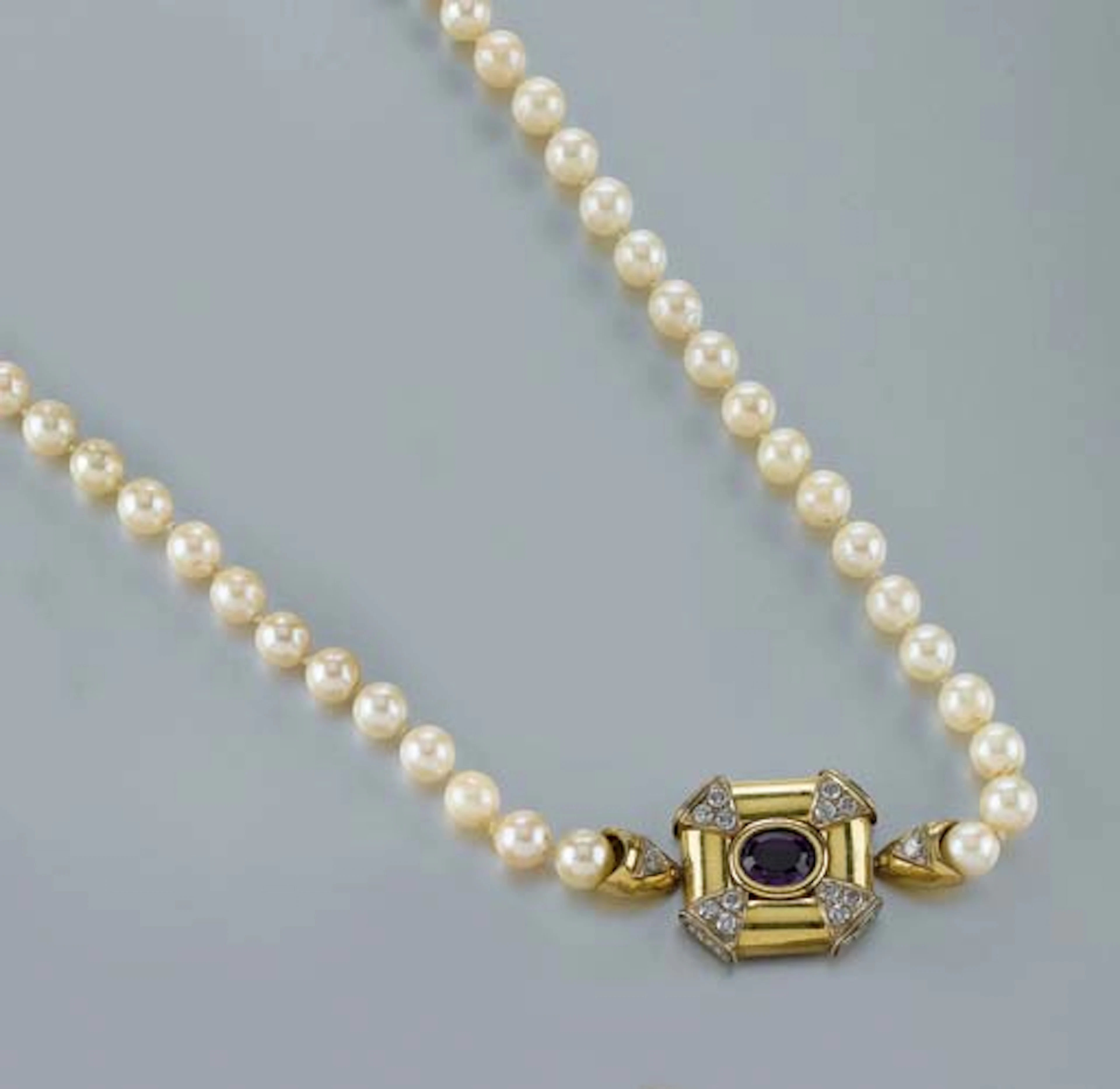 Collana in Perle Coltivate Con Ametista E Brillanti
