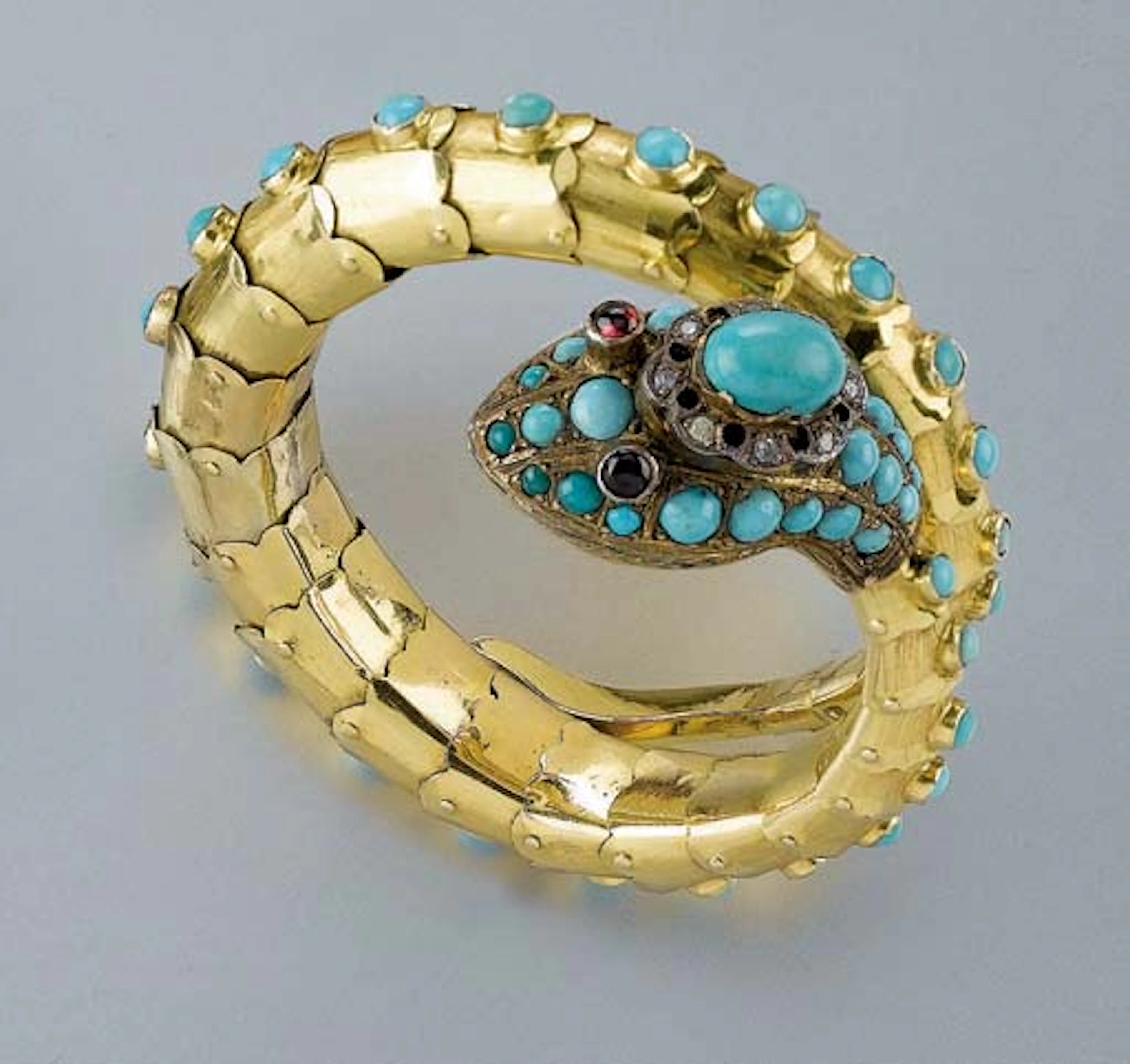 Bracciale Semirigido in Oro, Turchesi, Granati E Diamanti