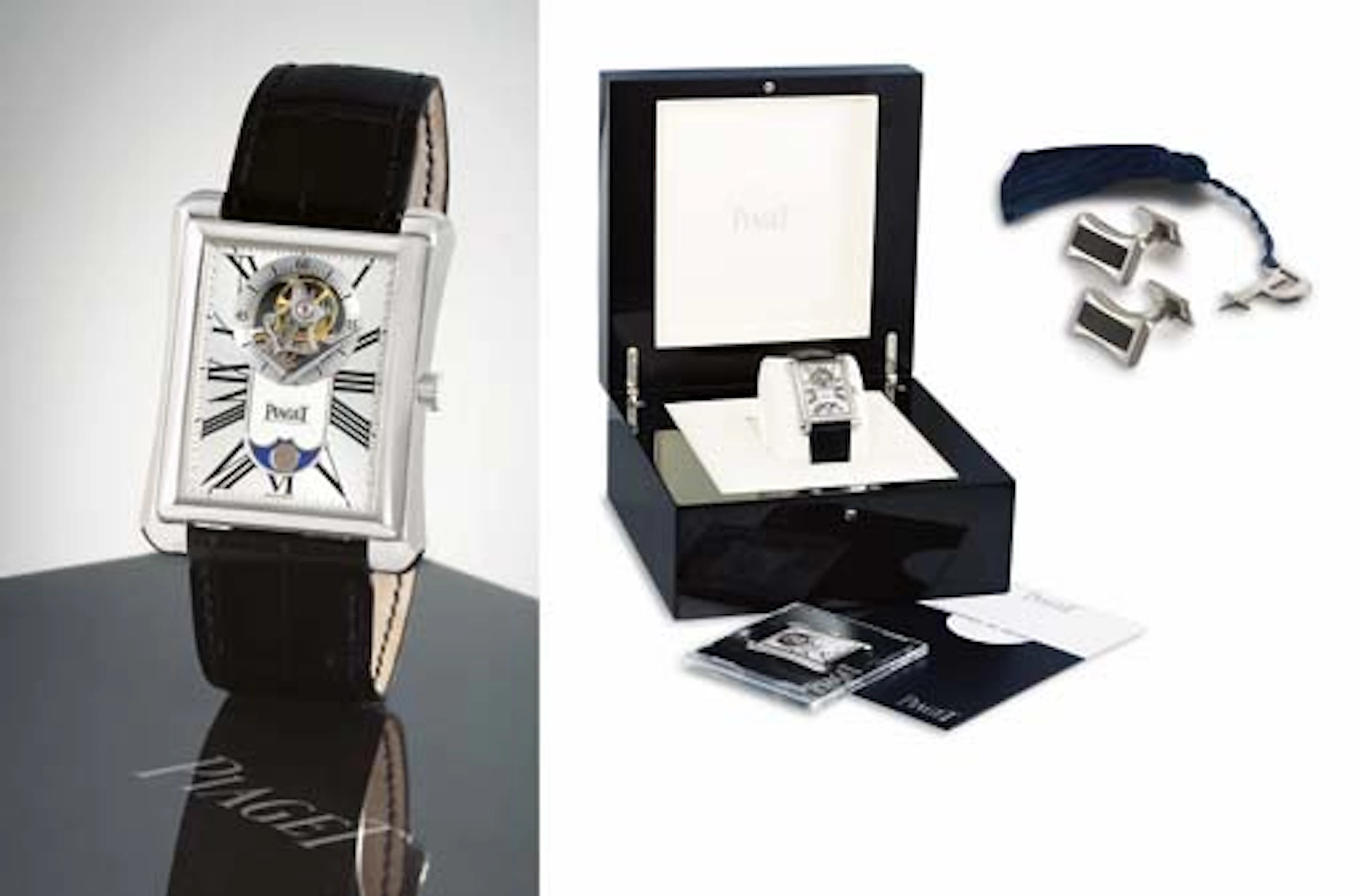 Piaget. An Important and Rare 18k White Gold Rectangular Tourbillon Wristwatch With Phases of the Moon and a Pair of Cuff Links