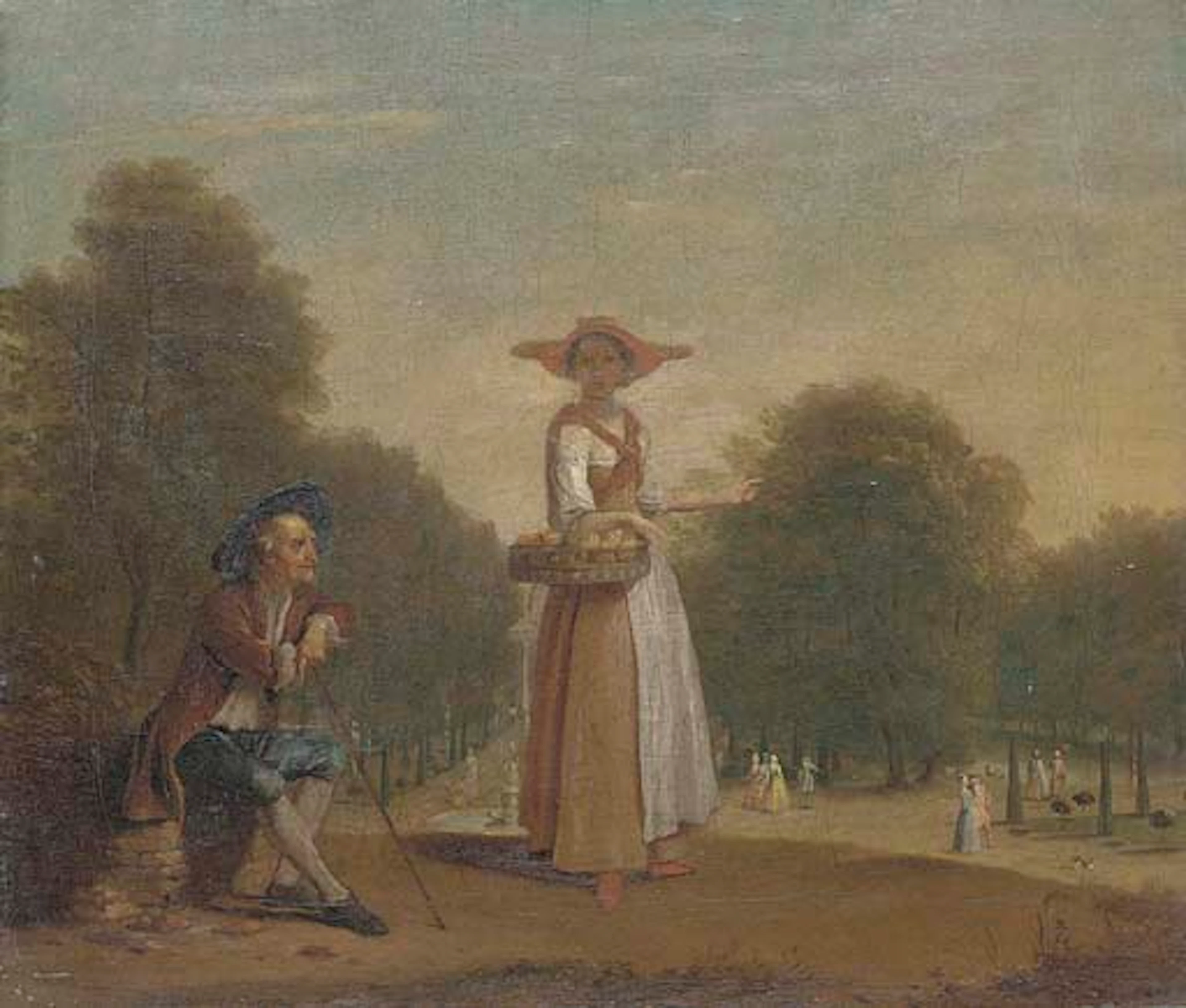 A lady selling peaches in a formal garden with an old man seated, elegant figures beyond