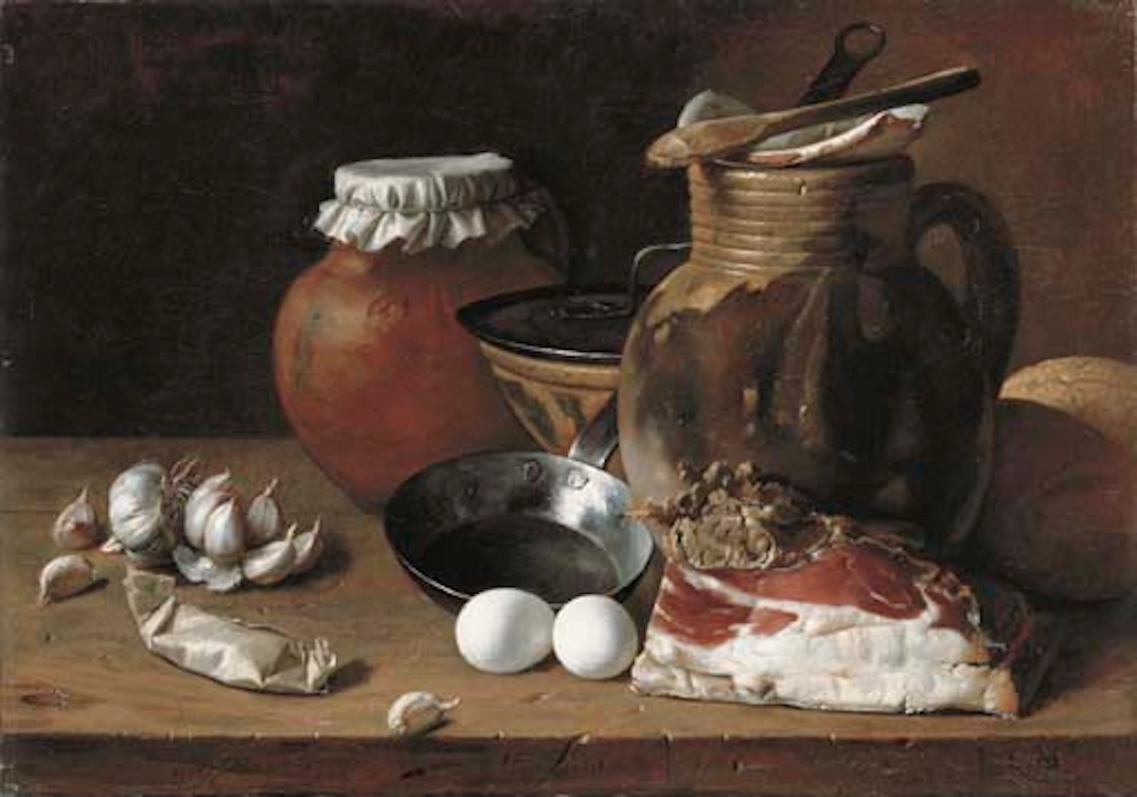Ham, eggs, cloves of garlic, bread, terracotta pots and a frying pan on a wooden ledge
