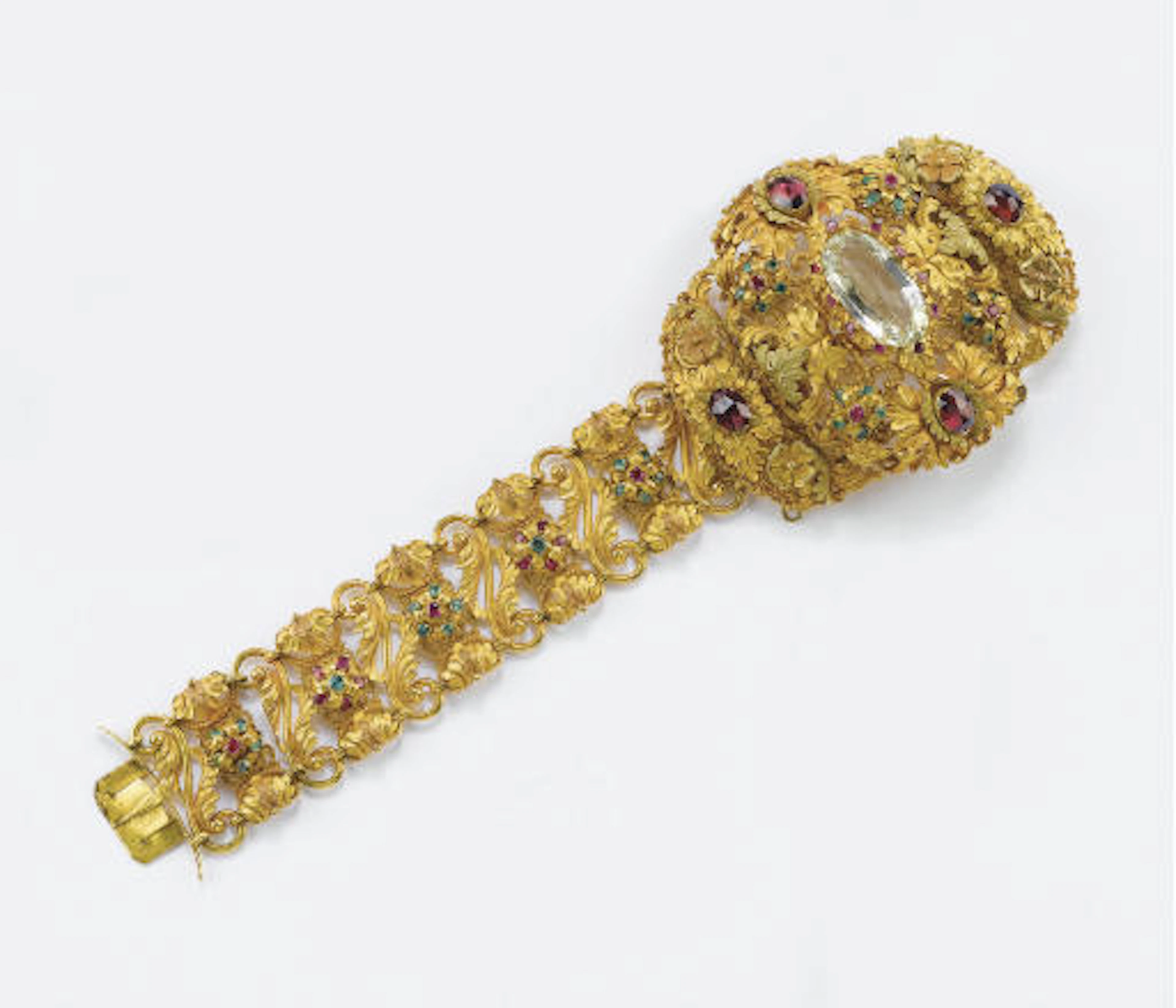 Antico Bracciale Con Acquamarina E Granati