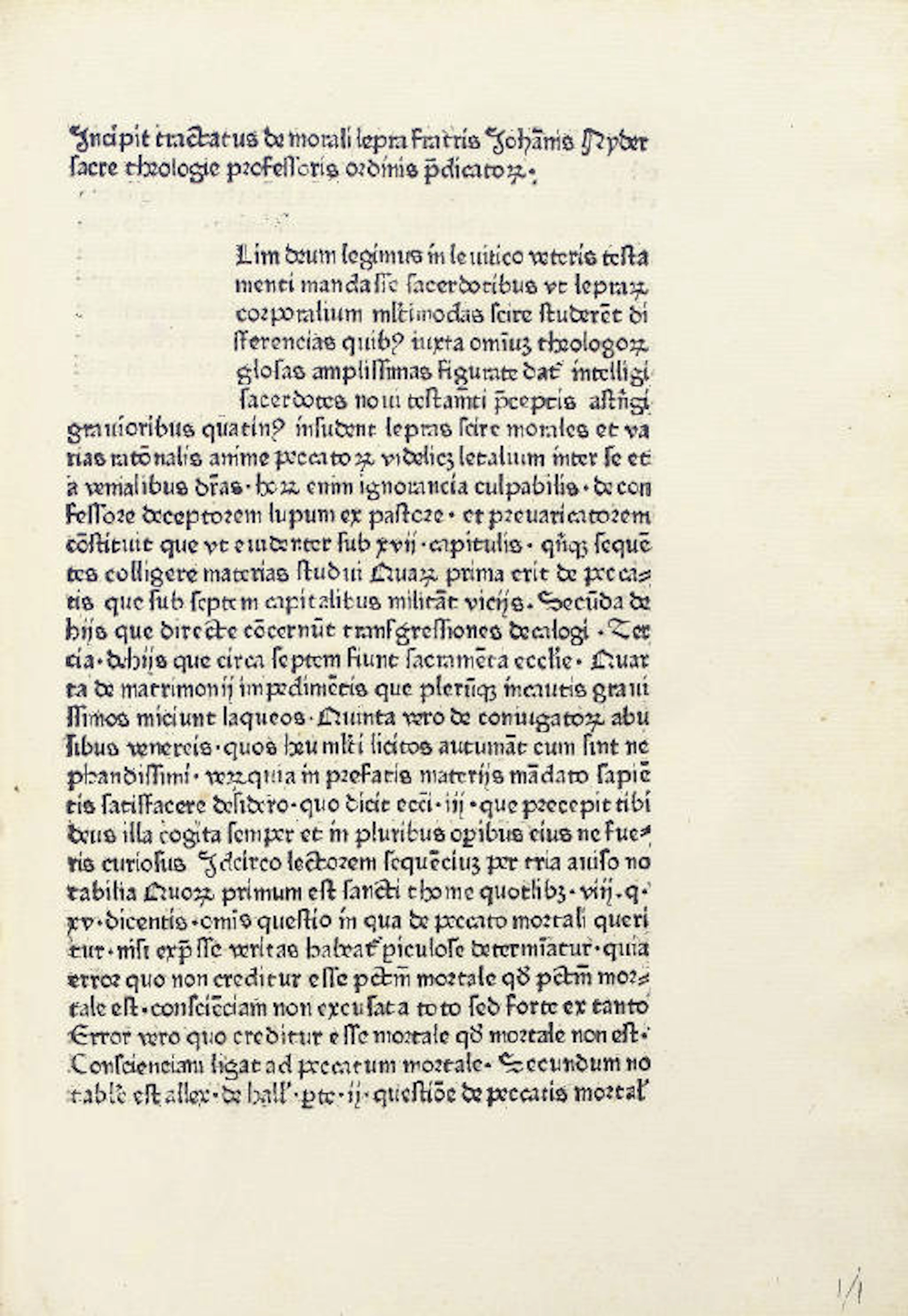 NIDER, Johannes (1380-1438). Manuale confessorum. [Basel: Michael Wenssler, not after 1474]. Collation: [1-610.8.8] (1/1 incipit, table of contents, 1/2r text, 6/8v blank). 52 leaves