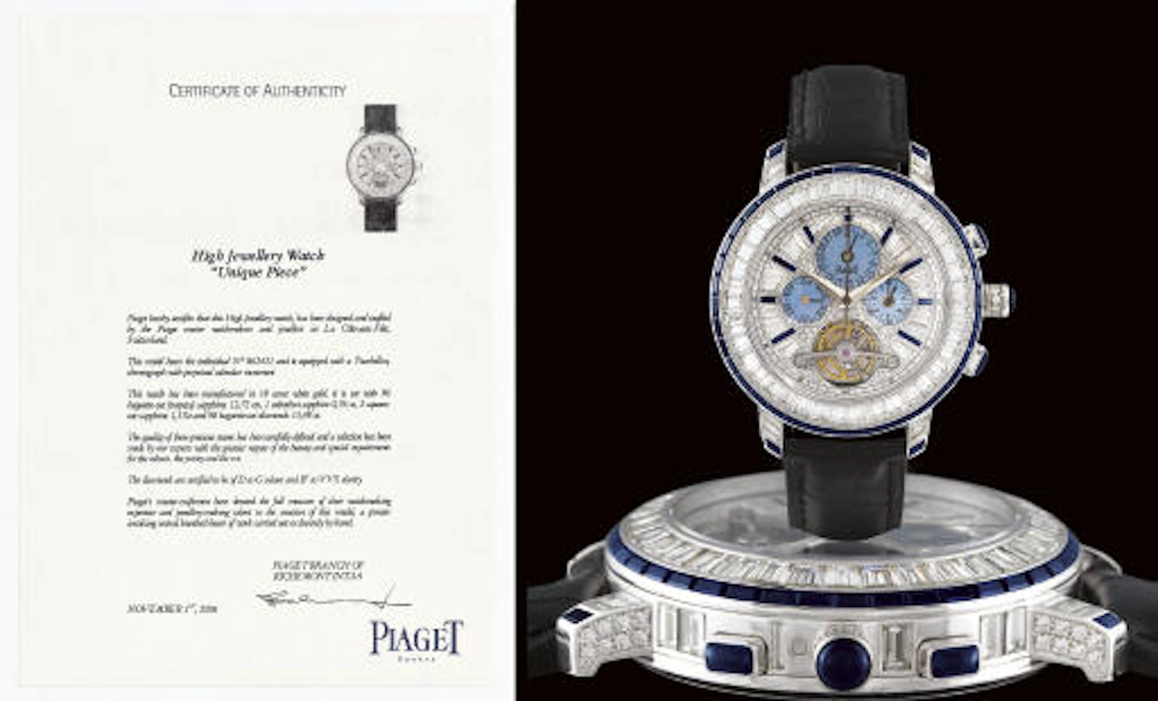 Piaget. A Magnificent and Unique 18k White Gold, Diamond and Sapphire-Set Perpetual Calendar Tourbillon Chronograph Wristwatch