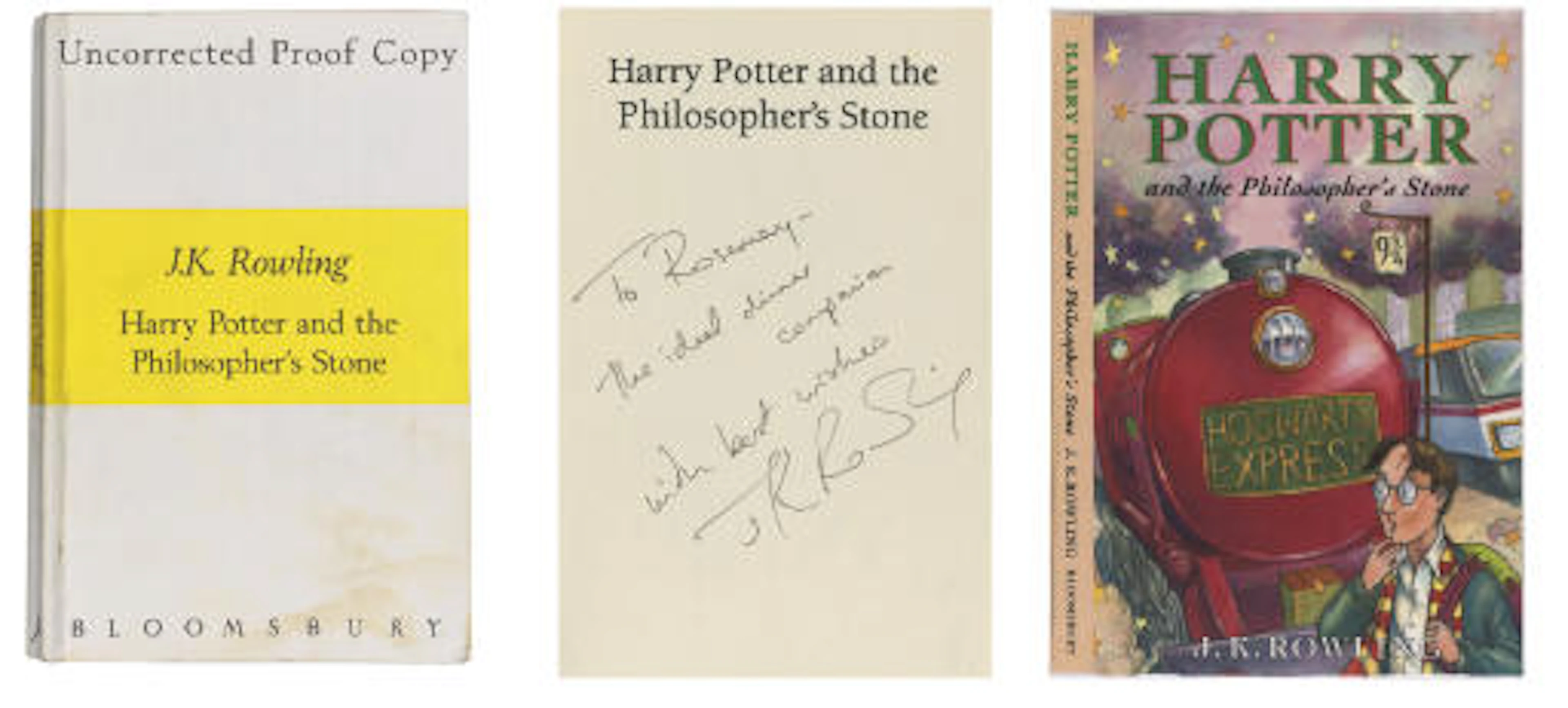 ROWLING, J. K. Harry Potter and the Philosopher's Stone. [London:] Bloomsbury, 1997. 8°. Half title. Original white printed wrappers with central yellow band. UNCORRECTED PROOF, PRESENTATION COPY, the