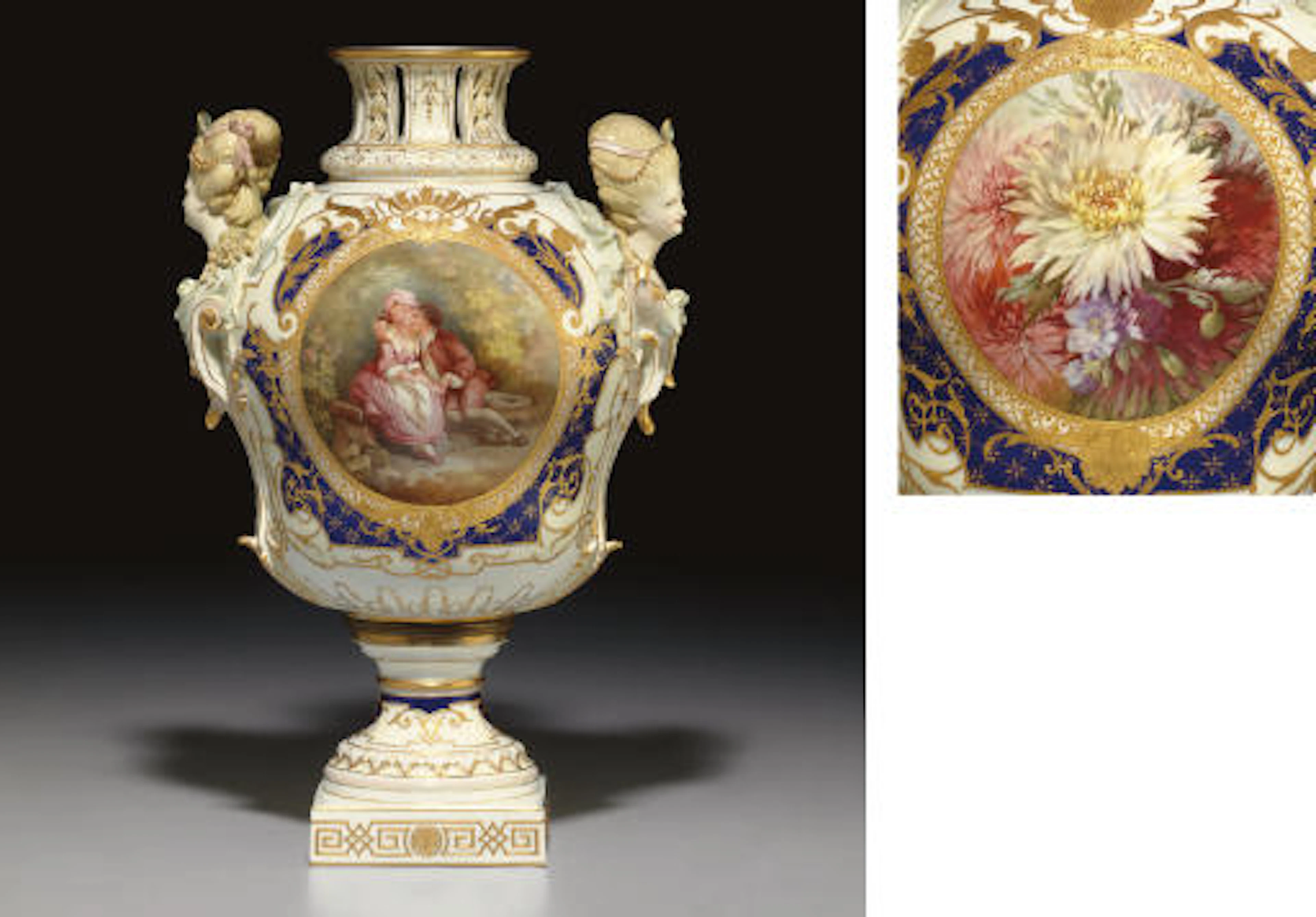 A BERLIN (K.P.M.) IVORY AND COBALT-BLUE GROUND VASE