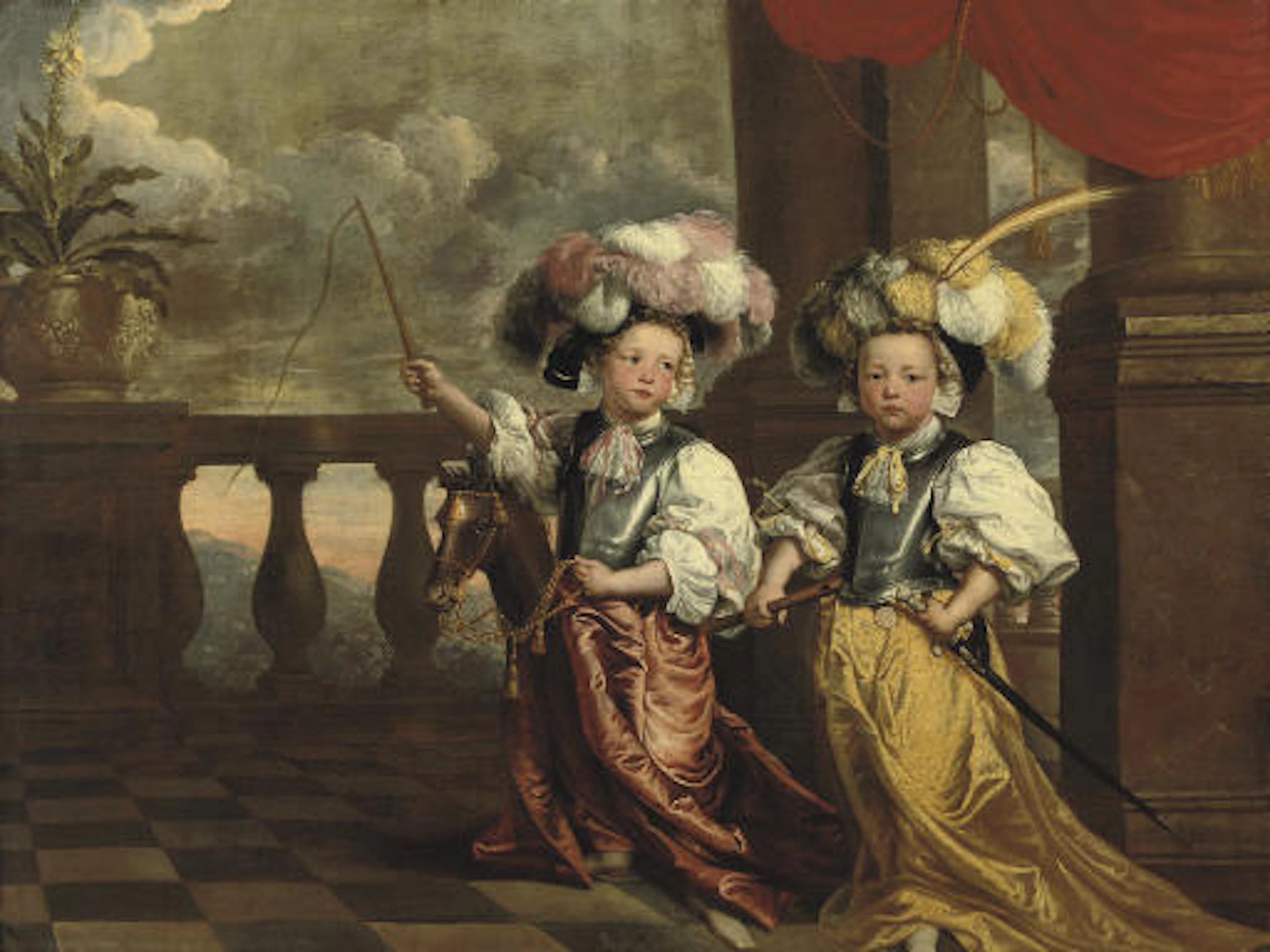 A double portrait of two boys, full-length, dressed as knights, one holding a flute, the other on a hobby-horse holding a whip, both standing on a balcony