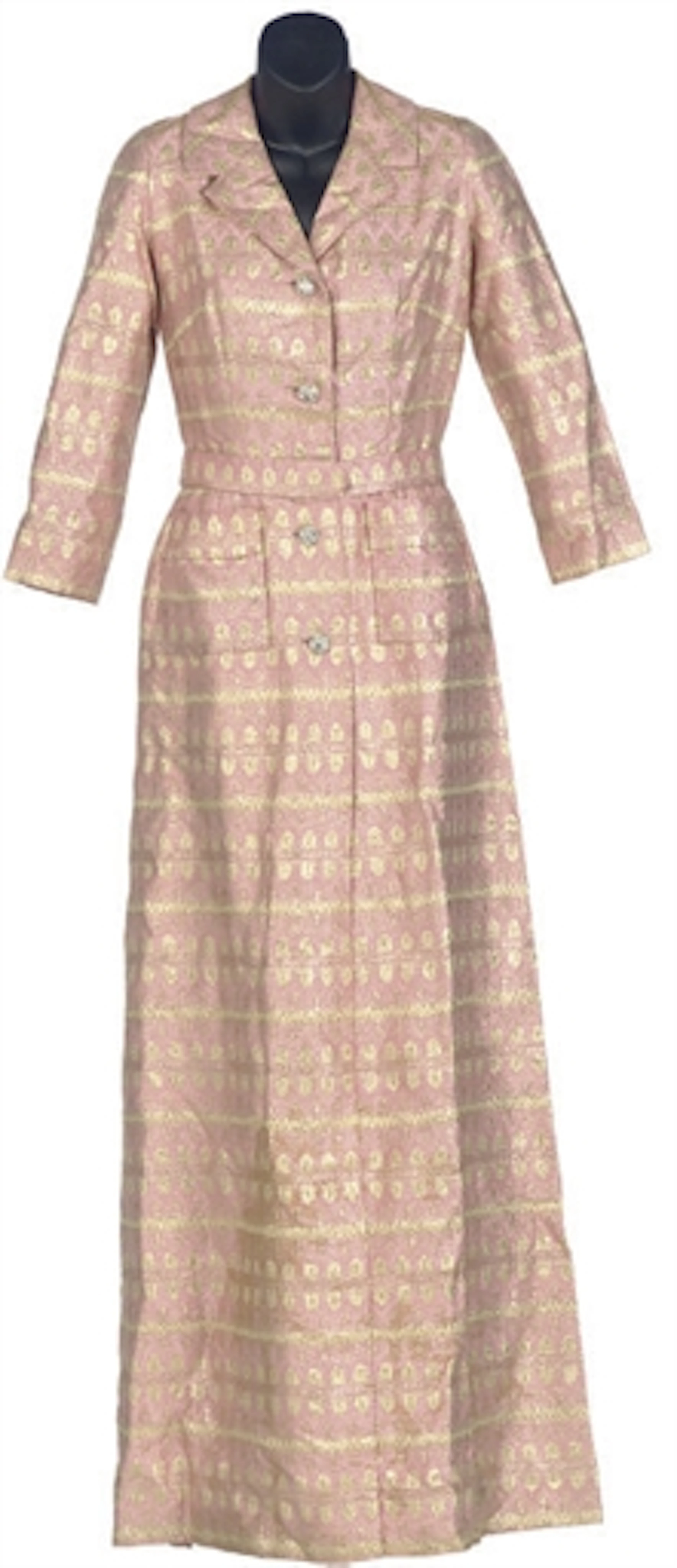 A MAINBOCHER PINK AND GILT-BROCADE LONG SHIRT-WAIST EVENING DRESS,