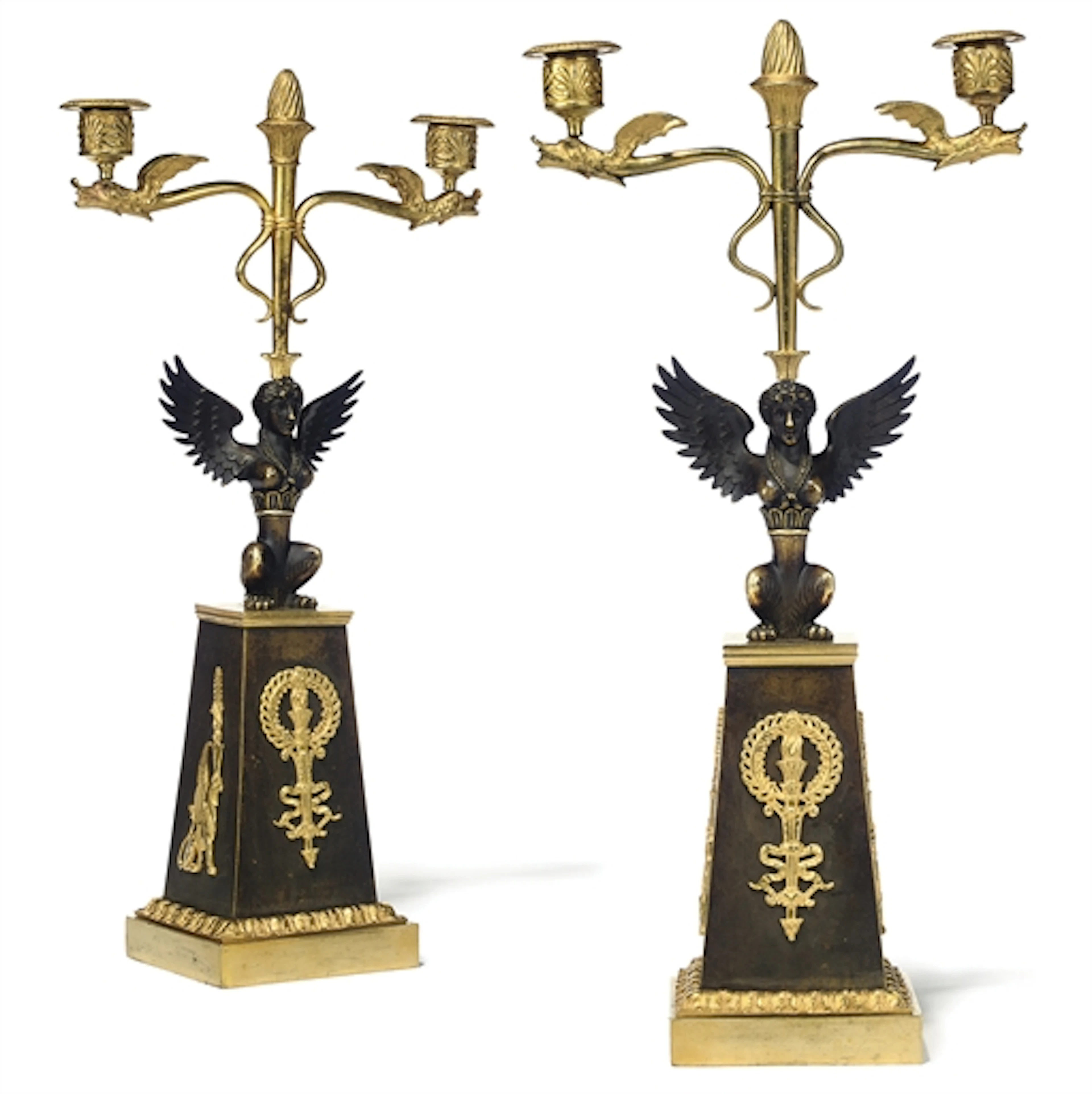 A PAIR OF RUSSIAN ORMOLU AND PATINATED-BRONZE TWIN-BRANCH CANDELABRA