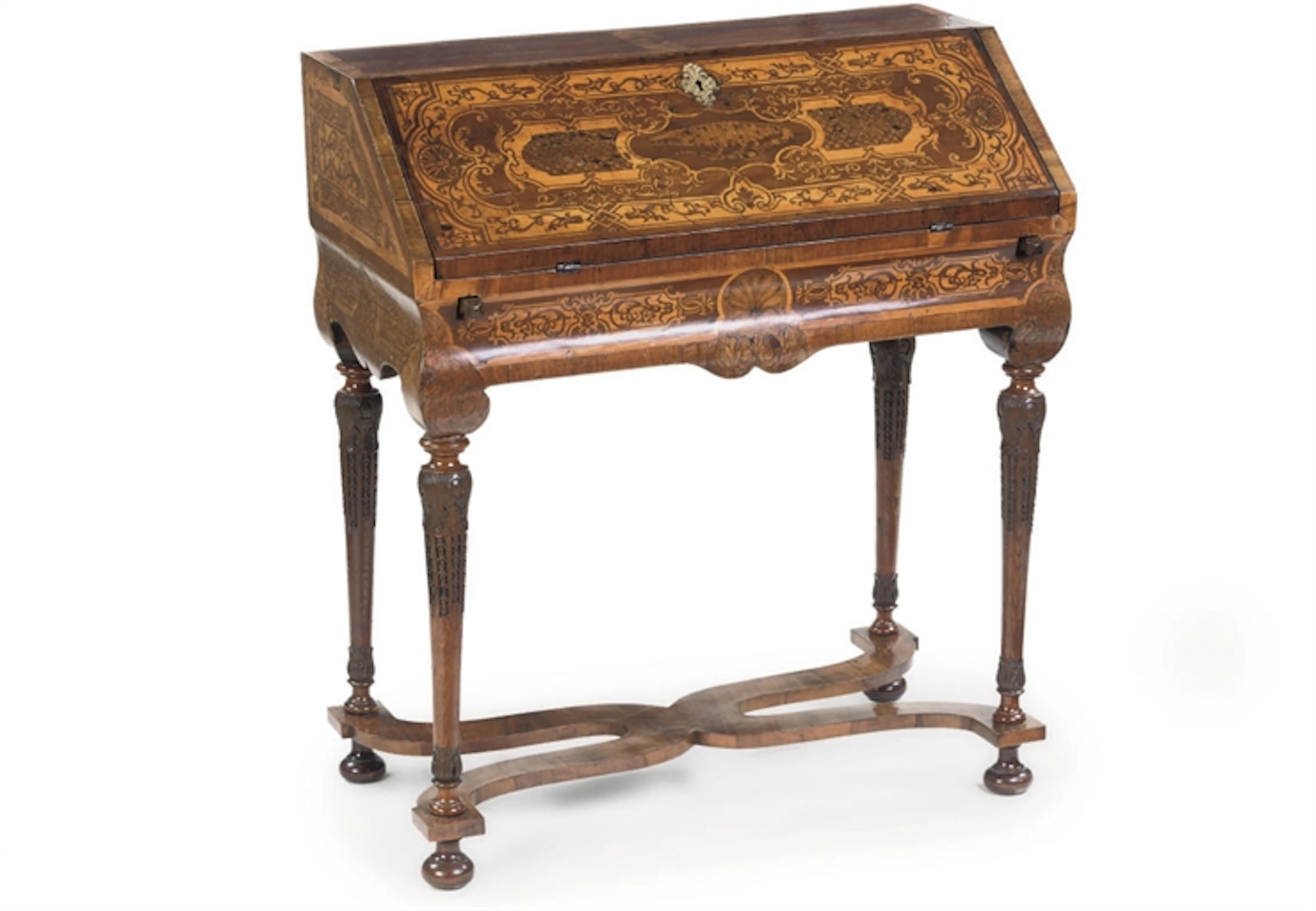 A GERMAN WALNUT, OAK, MAHOGANY AND MAPLE MARQUETRY BUREAU 'PULTSCHREIBTISCH'