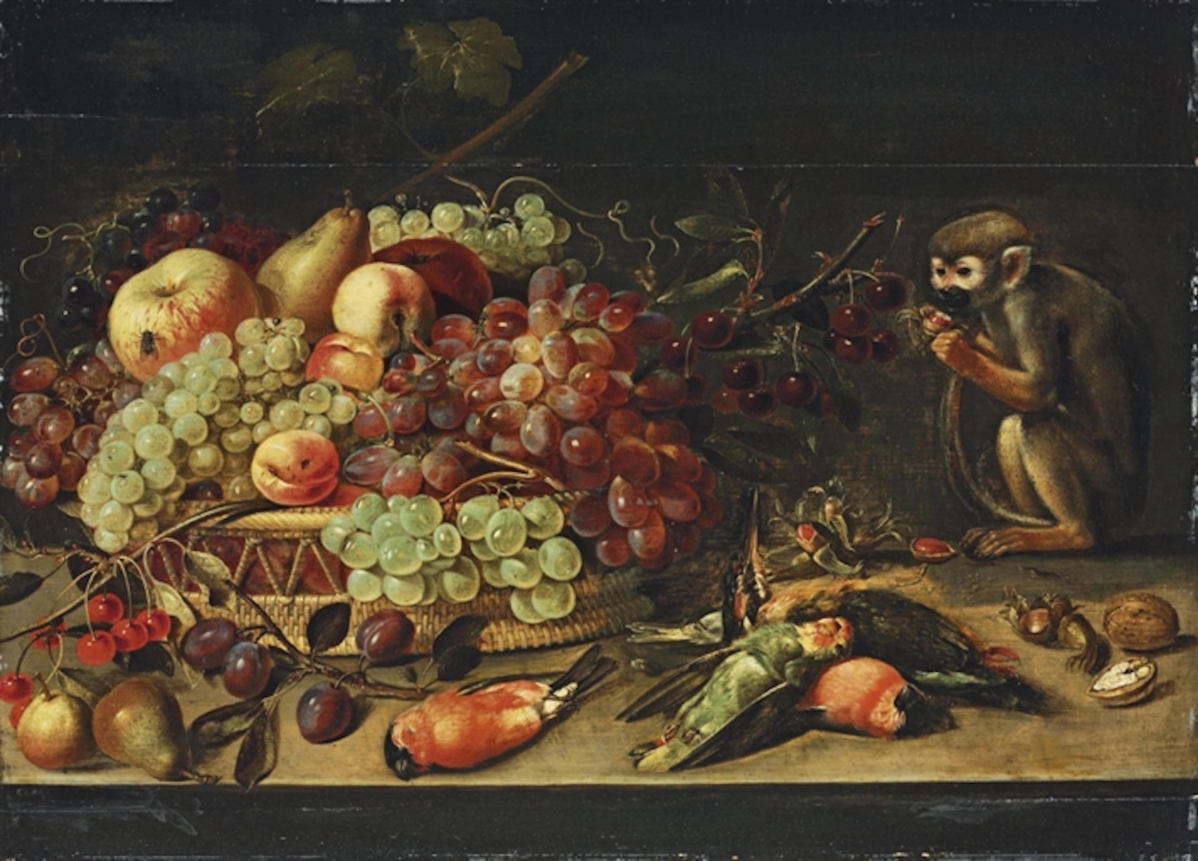 Apples, cherries, apricots and other fruit in a basket, with pears, plums, robins, a woodpecker, a parrot and a monkey eating nuts, on a table
